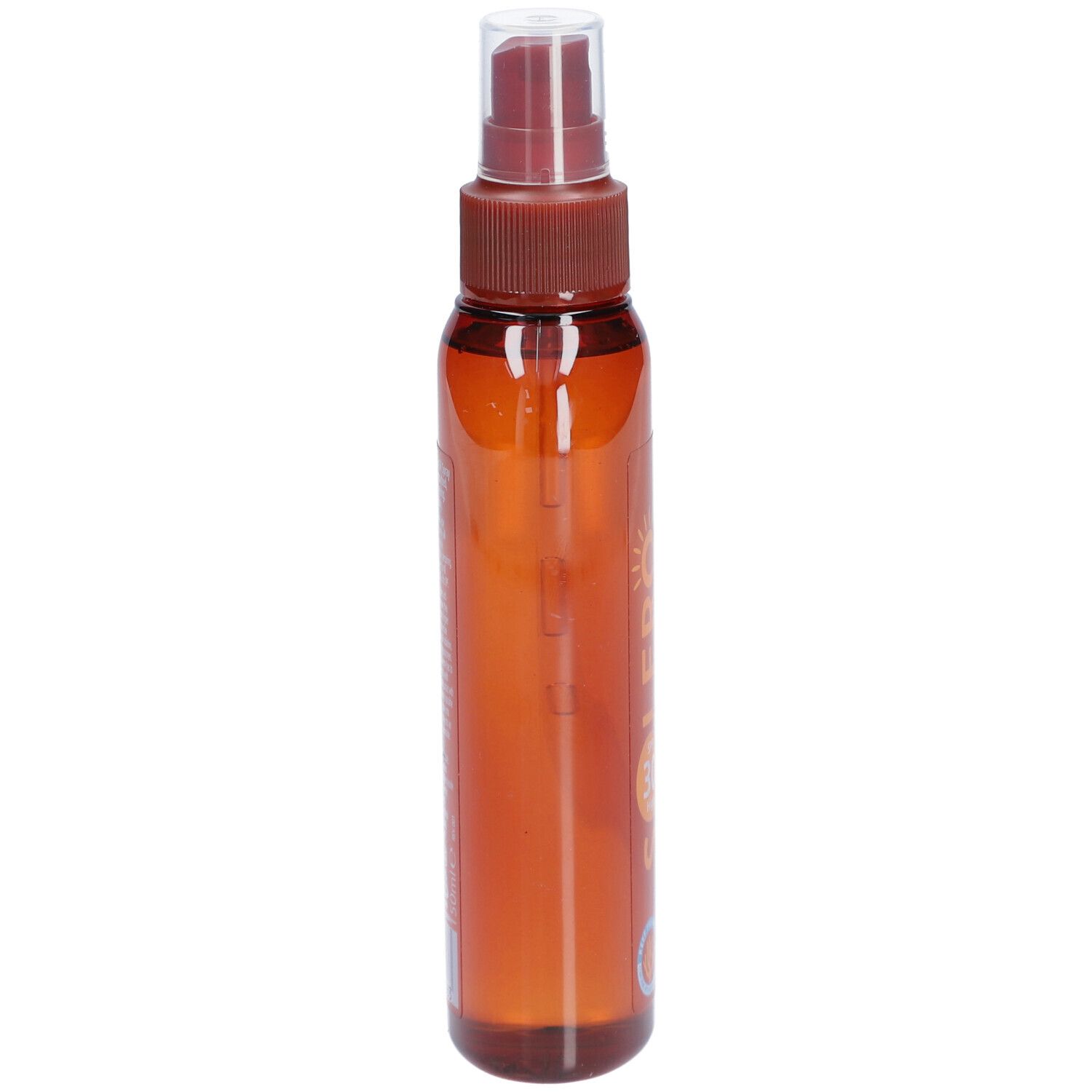 Solero Sonnenschutzspray SPF30. Braune Flasche, seitliche Ansicht. Sprühkopf oben. Transparente Flüssigkeit sichtbar.