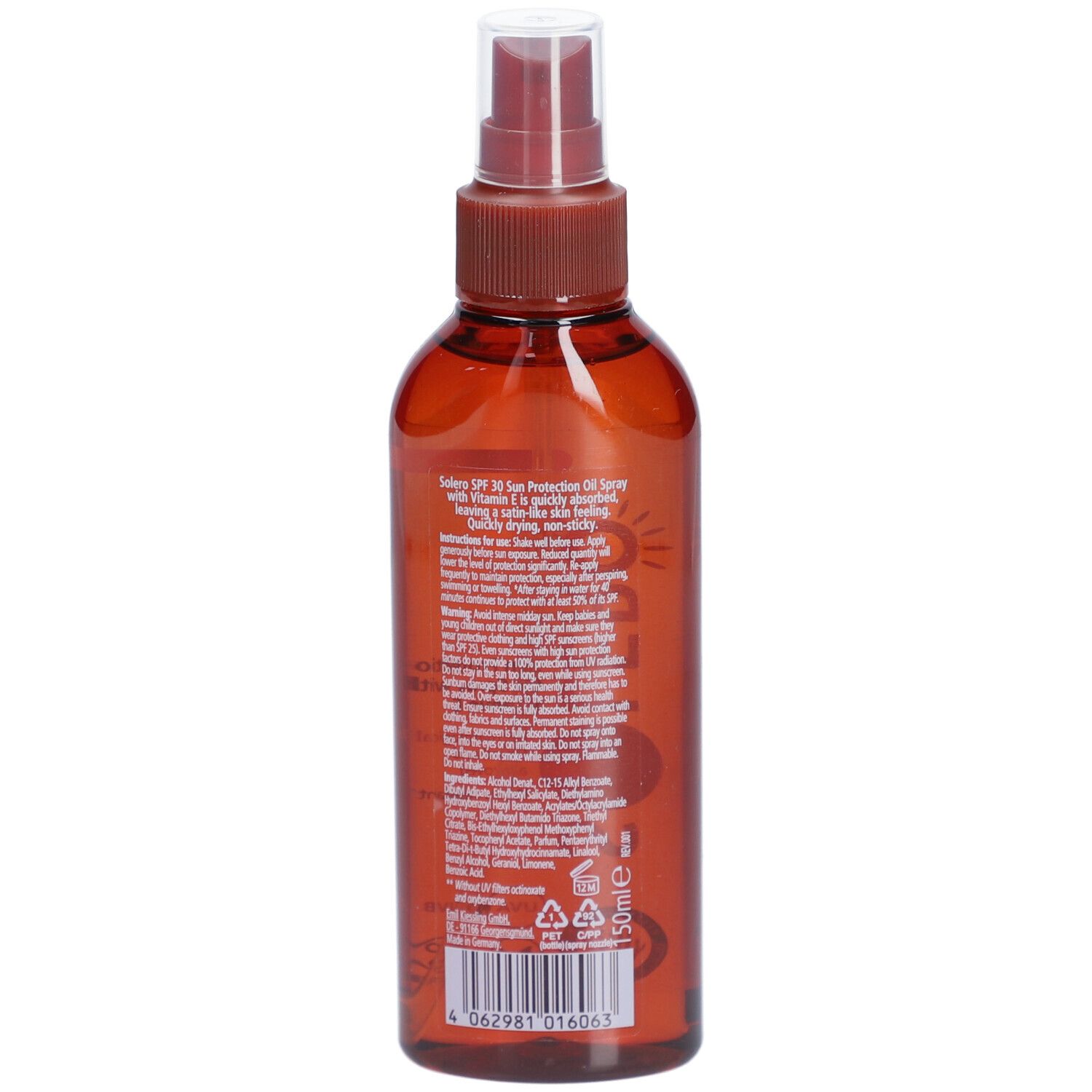 Solero Sonnenschutzspray SPF30. Rückseite der Flasche. Textinformationen, Inhaltsstoffe, Herstellerangaben, Recycling-Symbole.