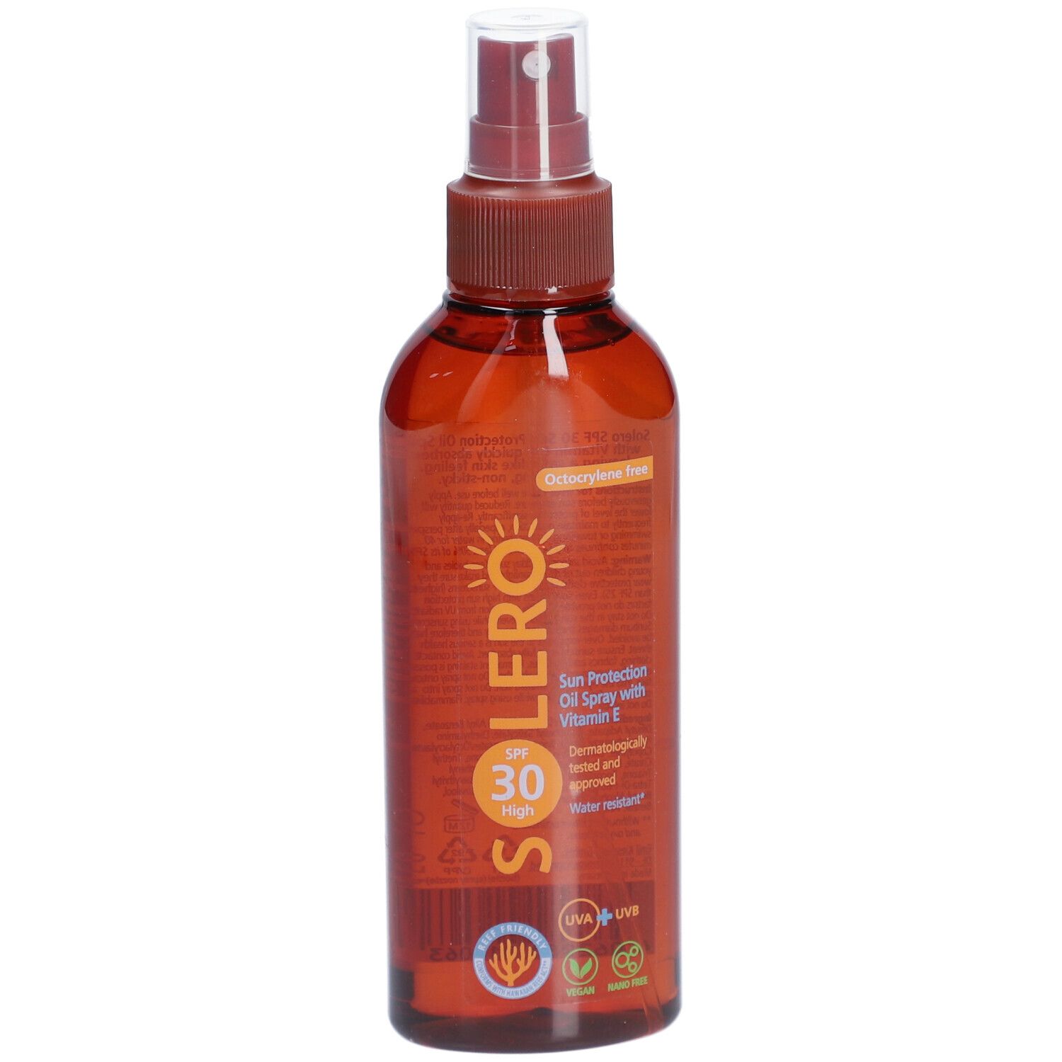Solero Sonnenschutzspray SPF30. Braune Flasche mit Sprühkopf. Text: SPF 30, Sonnenschutzöl, Vitamin E.