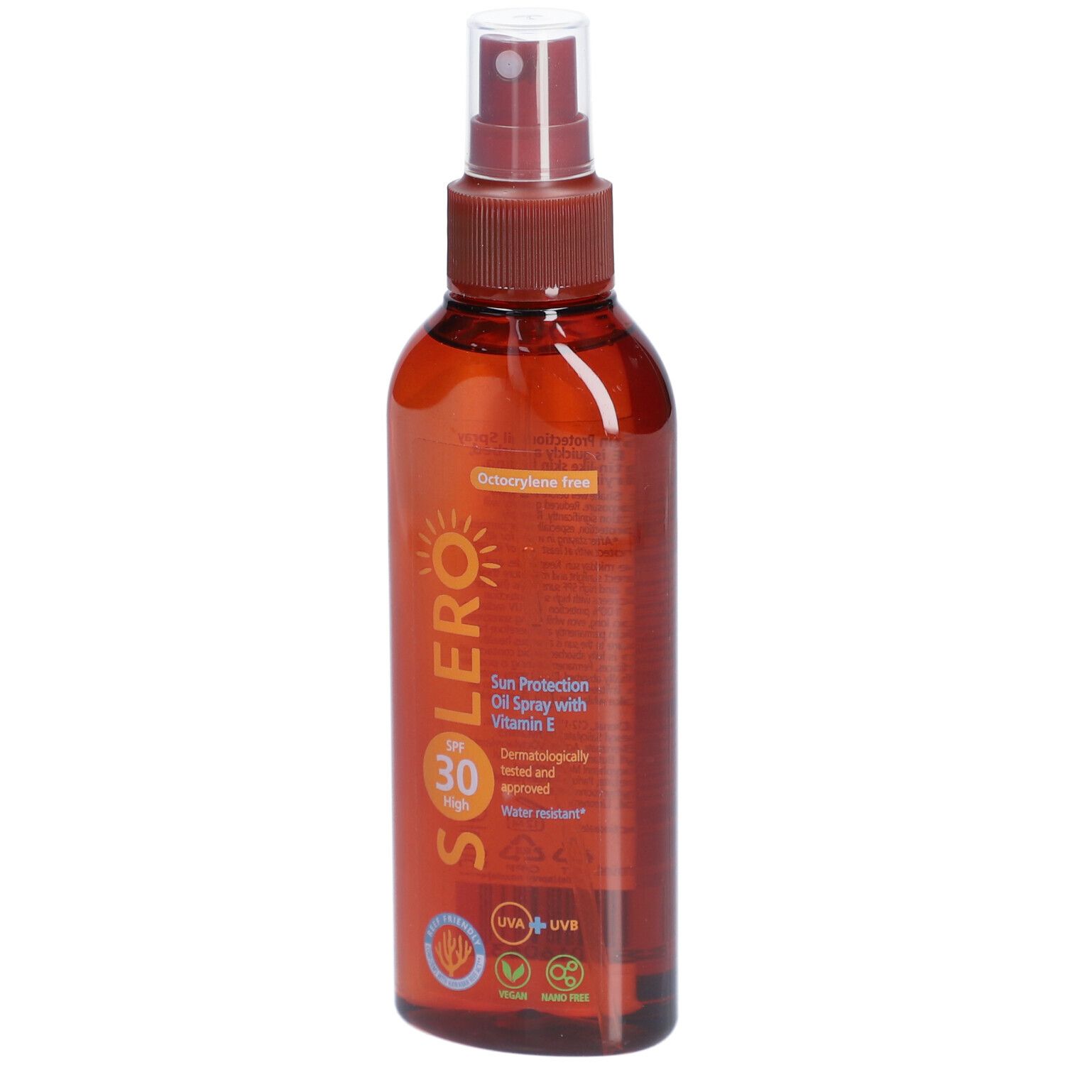 Solero Sonnenschutzspray SPF30. Braune Flasche mit Sprühkopf. Text: SPF 30, Sonnenschutzöl, Vitamin E.