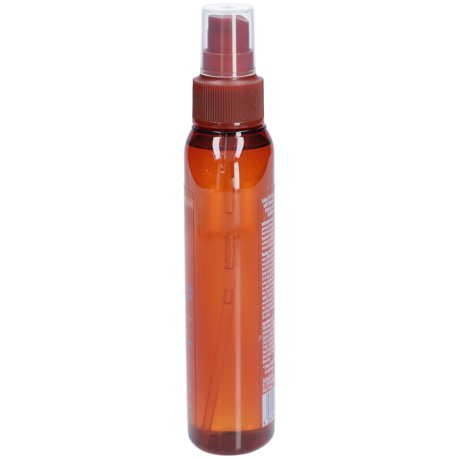 Solero Sonnenschutzspray SPF30. Braune Flasche, seitliche Ansicht. Sprühkopf oben. Transparente Flüssigkeit sichtbar.