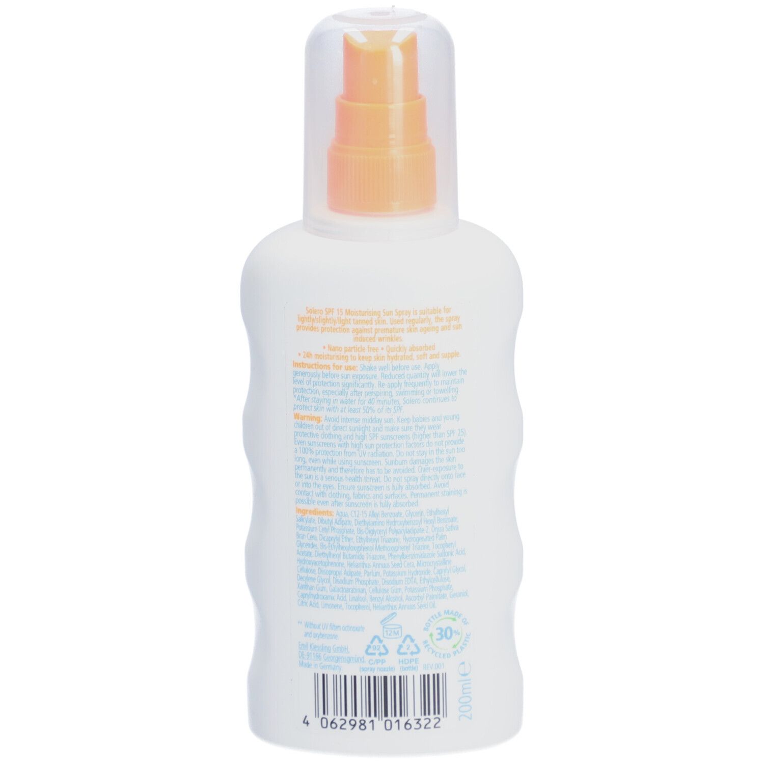 Rückseite einer weißen Flasche mit Sprühkopf. Text mit Inhaltsstoffen und Warnhinweisen. Barcode unten.