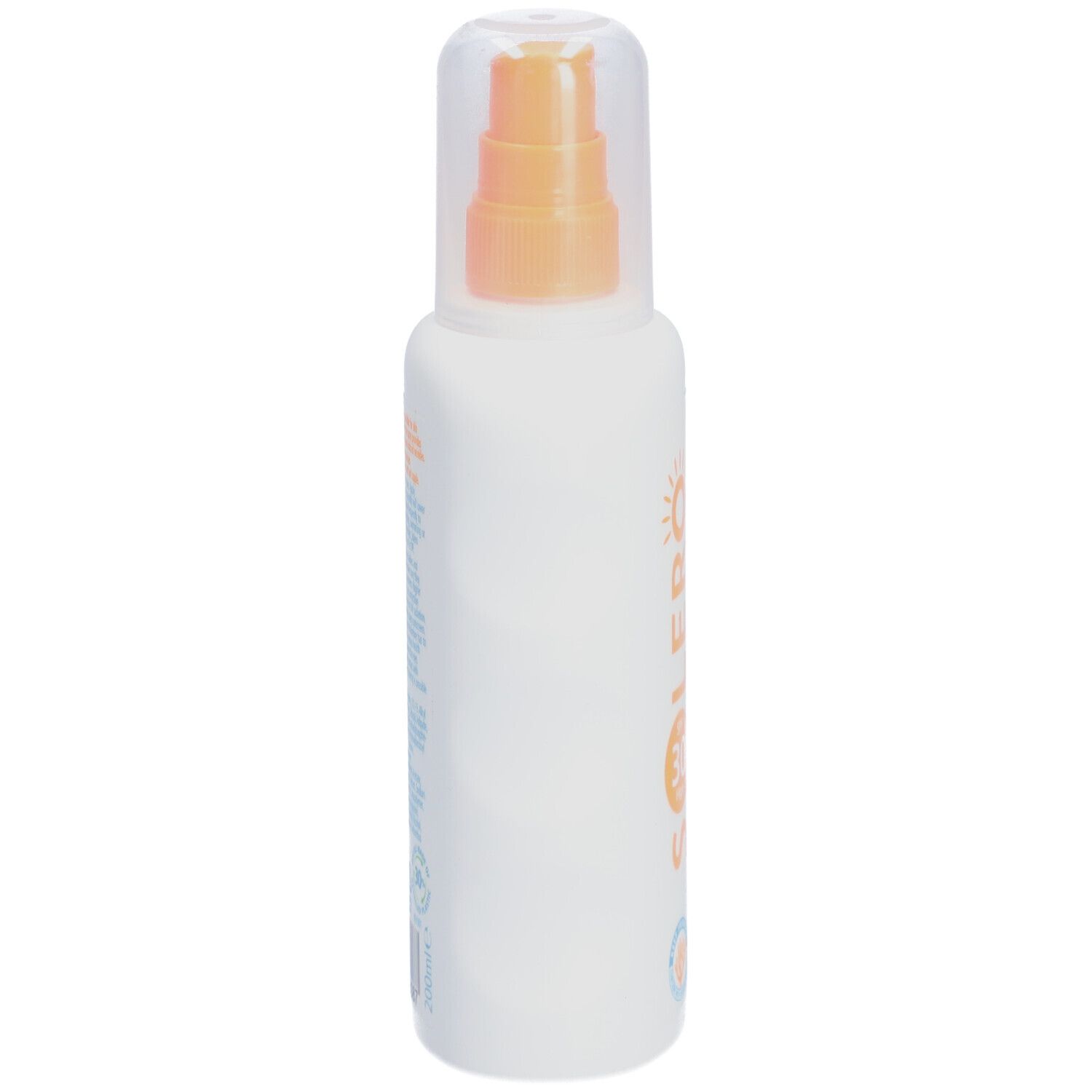 Weiße Flasche mit Sprühkopf. Seitliche Ansicht. Transparente Kappe. Aufschrift und Logos.