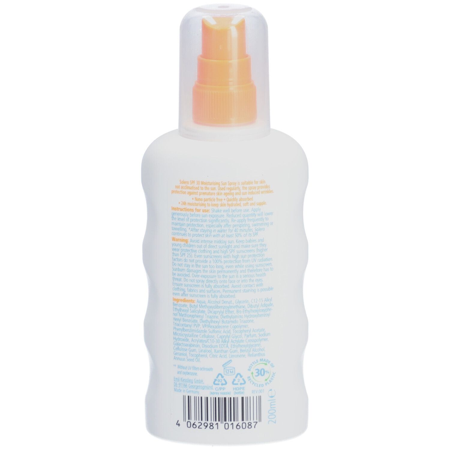 Rückseite der weißen Flasche. Text mit Inhaltsstoffen, Warnhinweisen und Herstellerinformationen. Barcode.