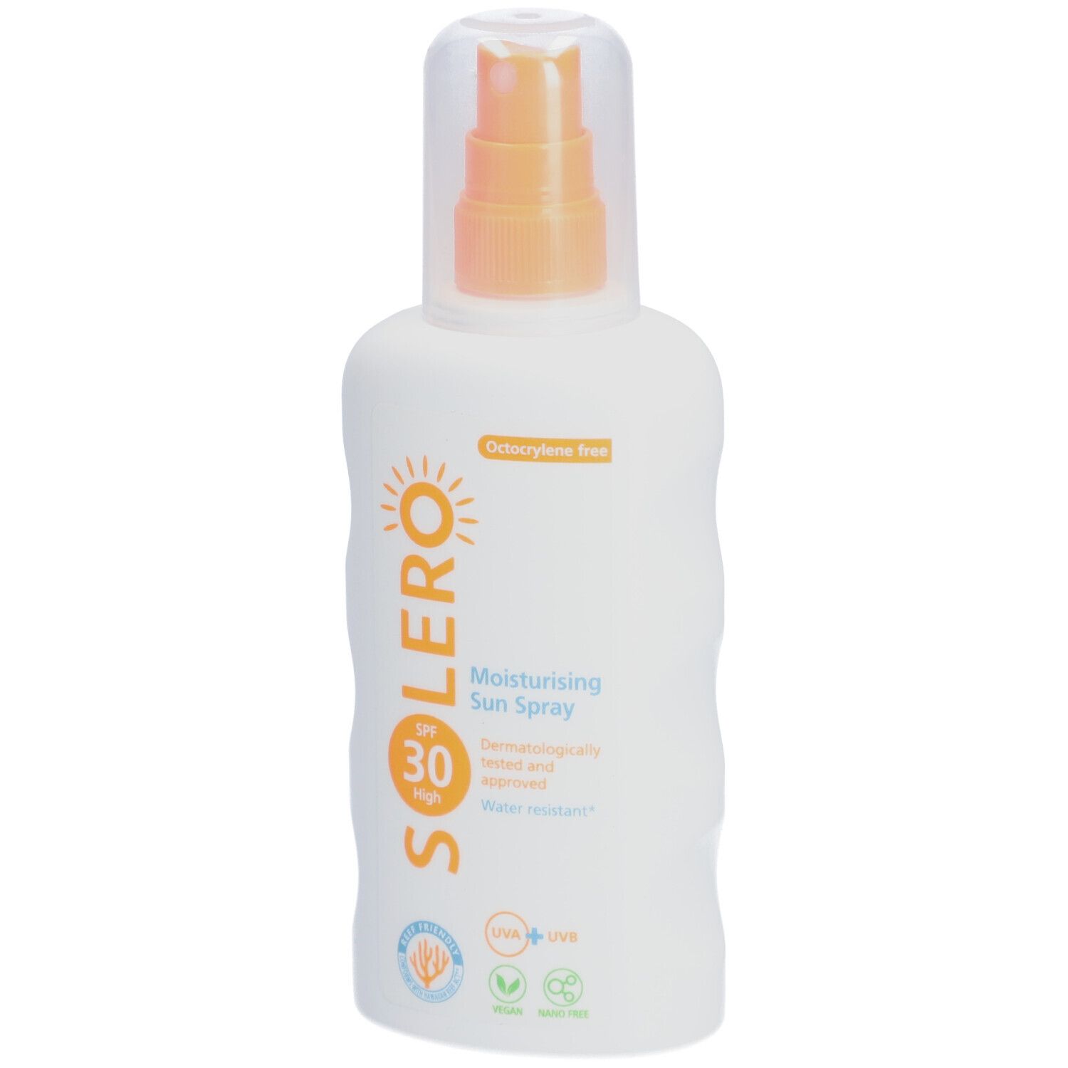 Weiße Flasche mit Sprühkopf. Aufschrift SOLERO, SPF 30, feuchtigkeitsspendendes Sonnenspray. Transparente Kappe.