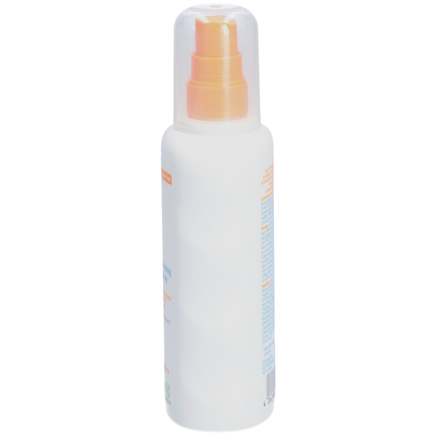 Weiße Flasche mit Sprühkopf. Seitliche Ansicht. Transparente Kappe. Aufschrift und Logos.