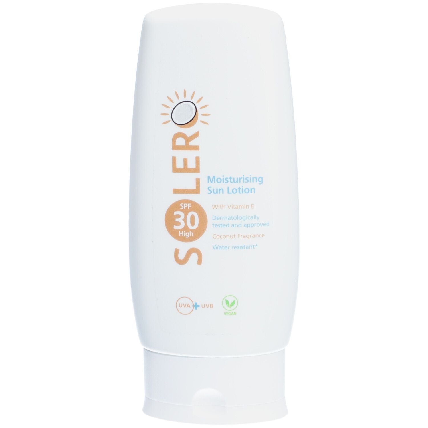 Weiße Flasche mit Aufschrift SOLERO, SPF 30. Enthält Vitamin E. Vegan-Siegel.