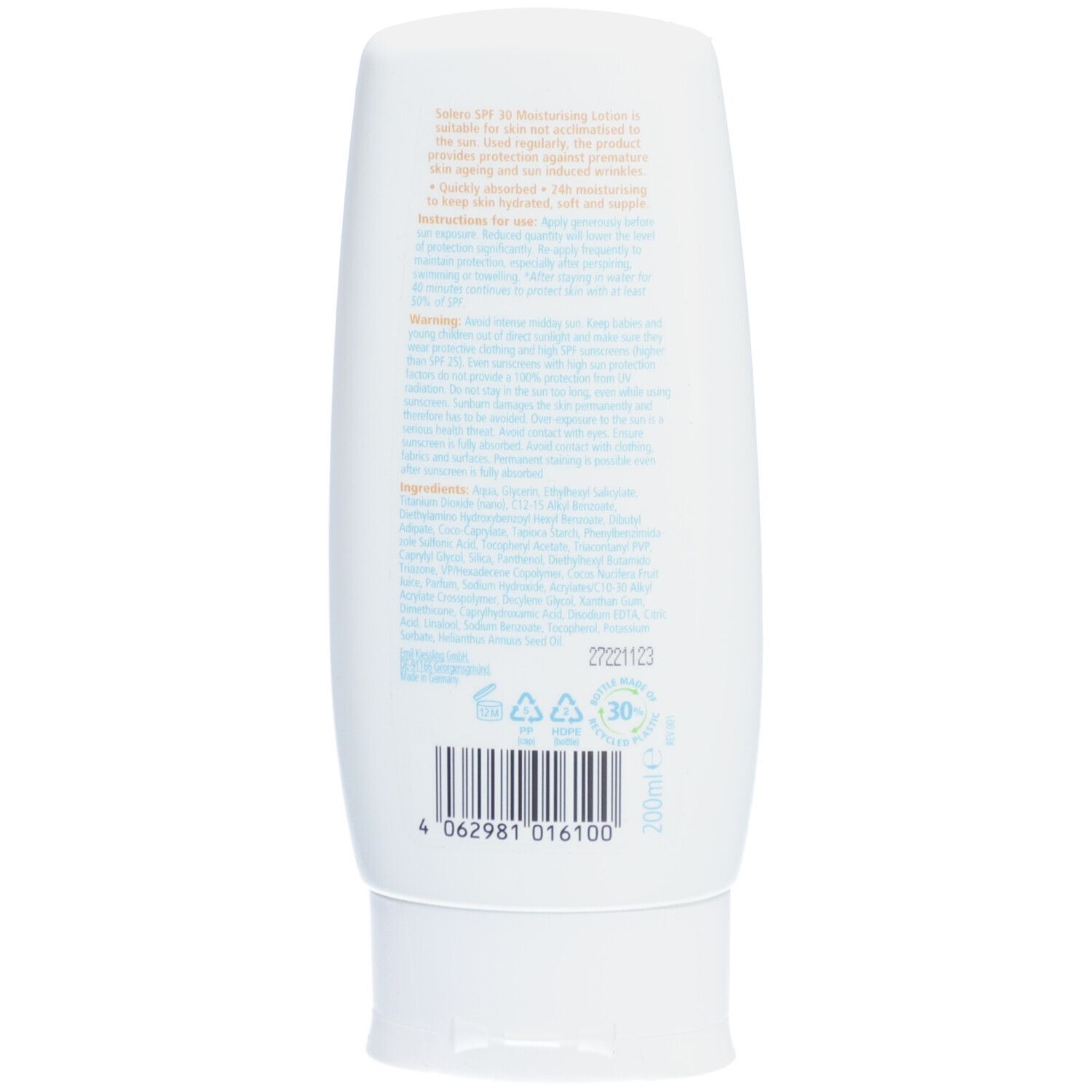 Rückseite der weißen Flasche. Text mit Inhaltsstoffen und Warnhinweisen. Barcode und Recycling-Symbole.