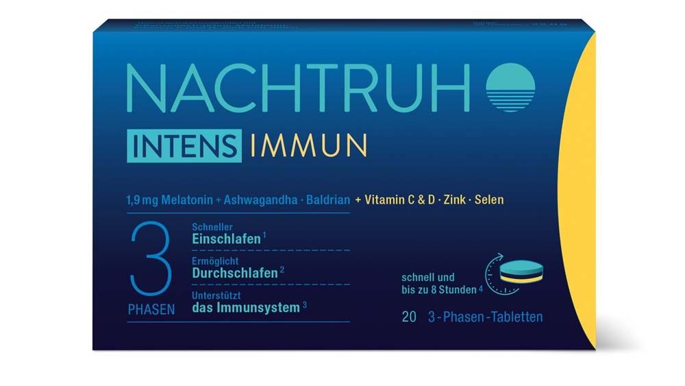 Blisterpackung NACHTRUH INTENS IMMUN. Blaue Verpackung mit Produktnamen und Inhaltsstoffen. 20 Tabletten.