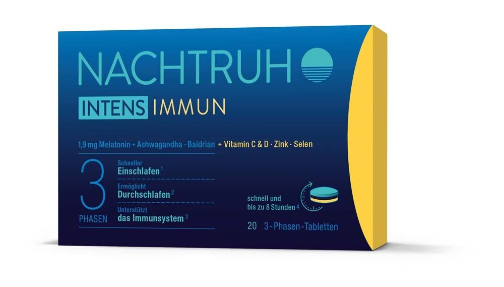 Produktverpackung NACHTRUH INTENS IMMUN. Blaue Schachtel mit Produktnamen und Inhaltsstoffen. Gelbe Ecke.