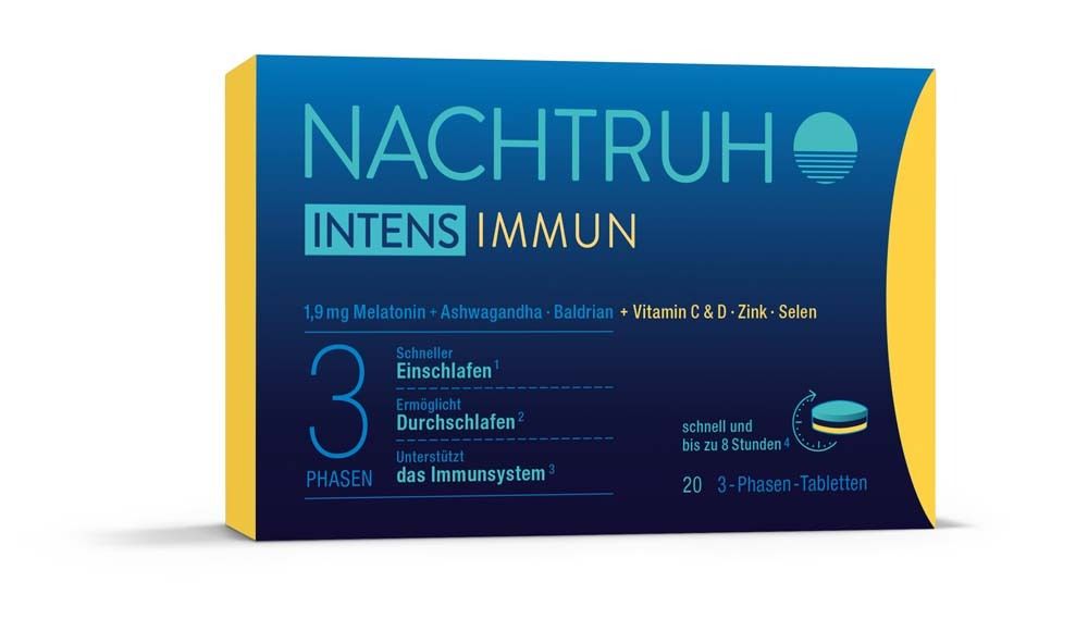Produktverpackung NACHTRUH INTENS IMMUN. Blaue Schachtel mit Produktnamen und Inhaltsstoffen. Gelbe Ecke.