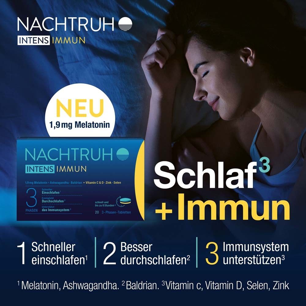 Werbung für NACHTRUH INTENS IMMUN. Frau schläft. Produktverpackung. Text: Schlaf + Immun. 3 Phasen.