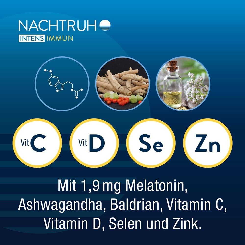 Grafik: Inhaltsstoffe von NACHTRUH INTENS IMMUN. Vitamine C, D, Selen, Zink. Chemische Strukturformel.