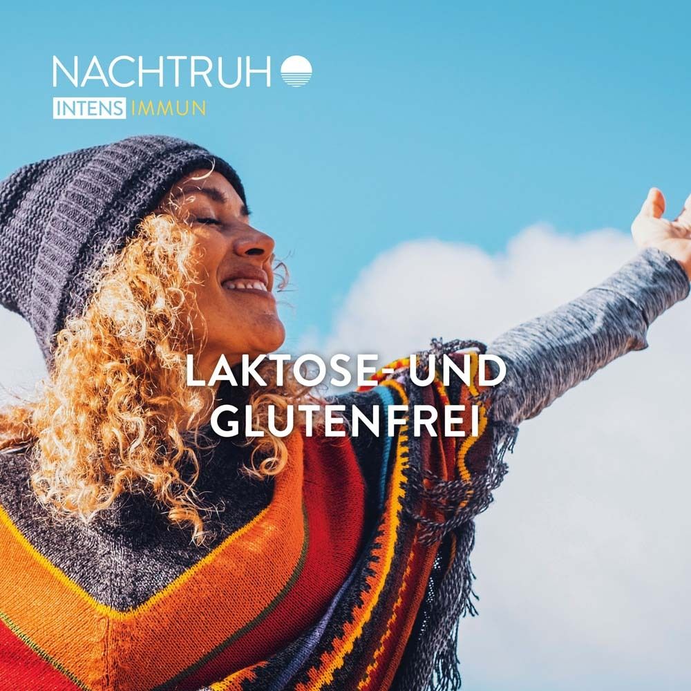 Frau mit erhobenen Armen. Text: Laktose- und glutenfrei. Hintergrund: blauer Himmel.
