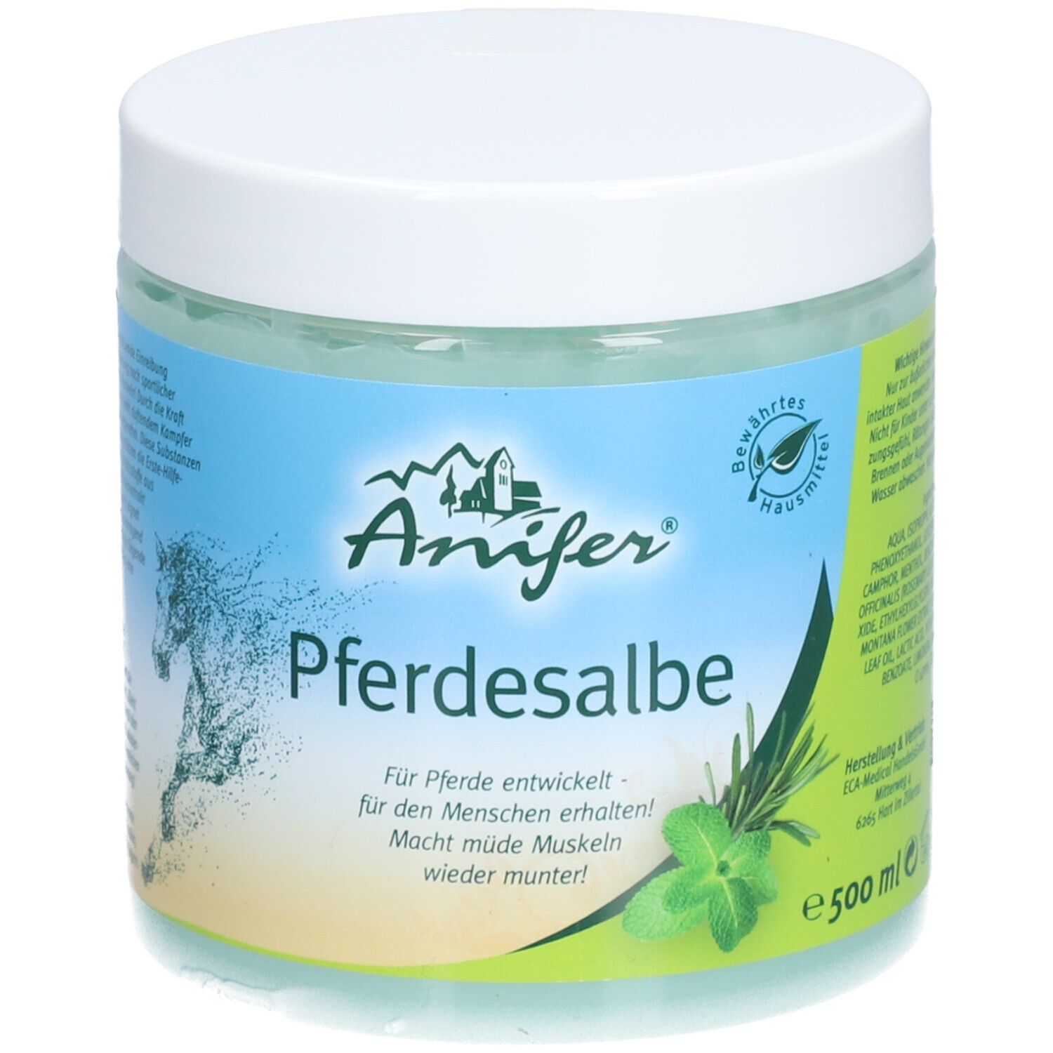 Runde Dose mit weißem Deckel. Aufschrift: Anifer Pferdesalbe. Logo mit Pferd und Berg. Grünliche Salbe sichtbar.
