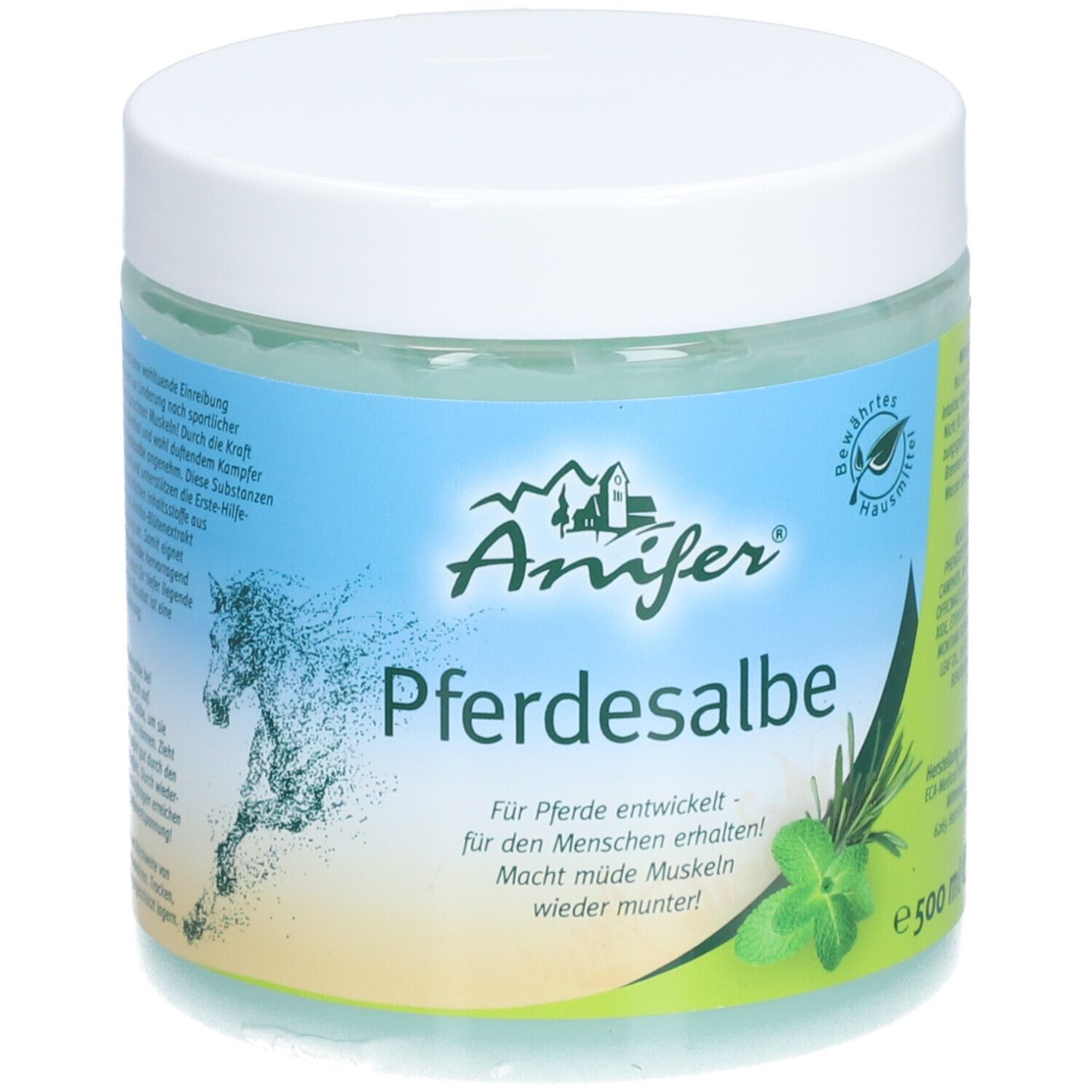 Runde Dose mit weißem Deckel. Aufschrift: Anifer Pferdesalbe. Logo mit Pferd und Berg. Grünliche Salbe sichtbar.