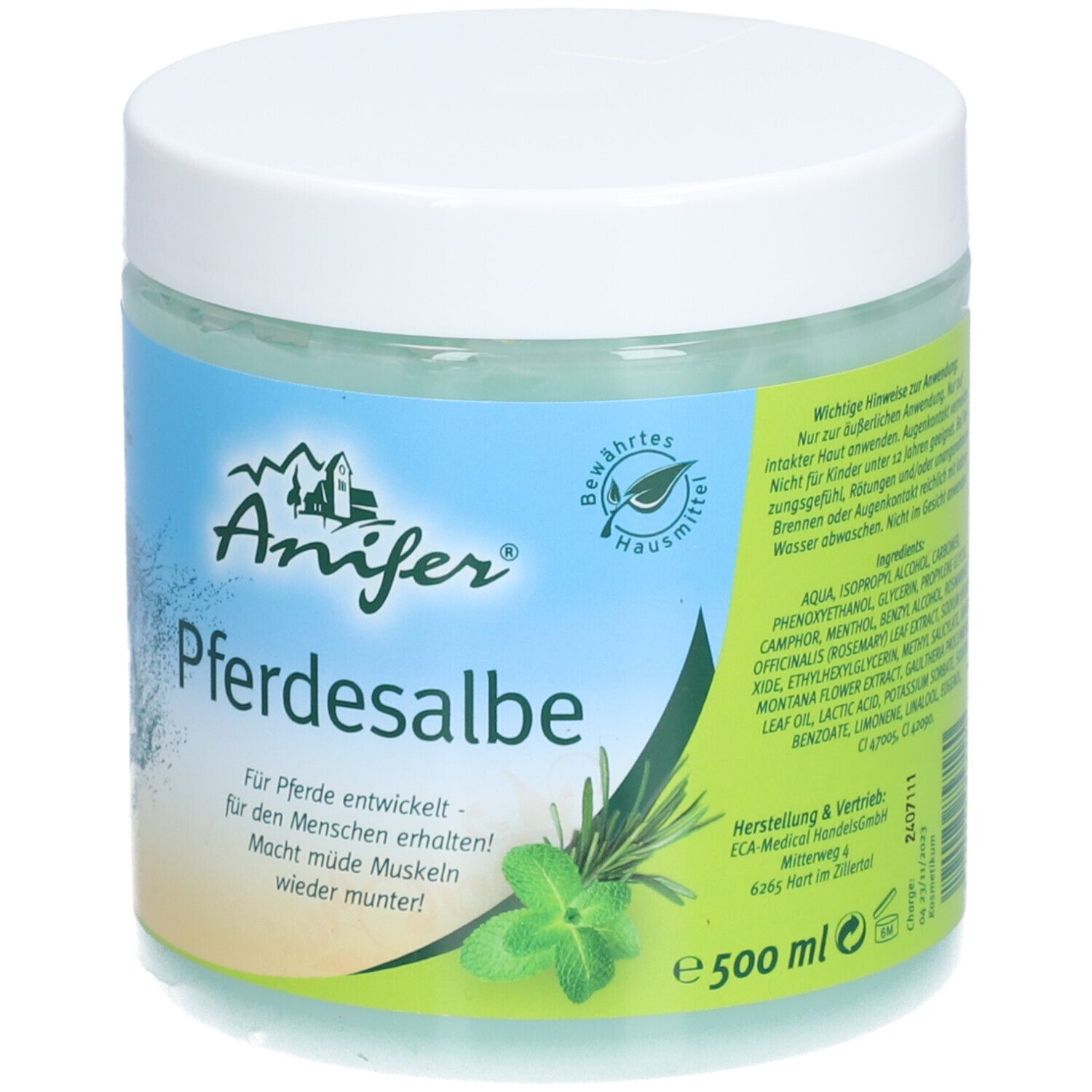 Runde Dose mit weißem Deckel. Aufschrift: Anifer Pferdesalbe. Logo mit Pferd und Berg. Grünliche Salbe sichtbar. Inhaltsstoffe.