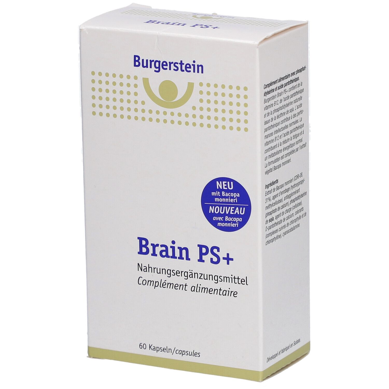 Weiße Schachtel mit "Burgerstein"-Logo und "Brain PS+" Schriftzug. Enthält 60 Kapseln. Mit "Neu"-Siegel.