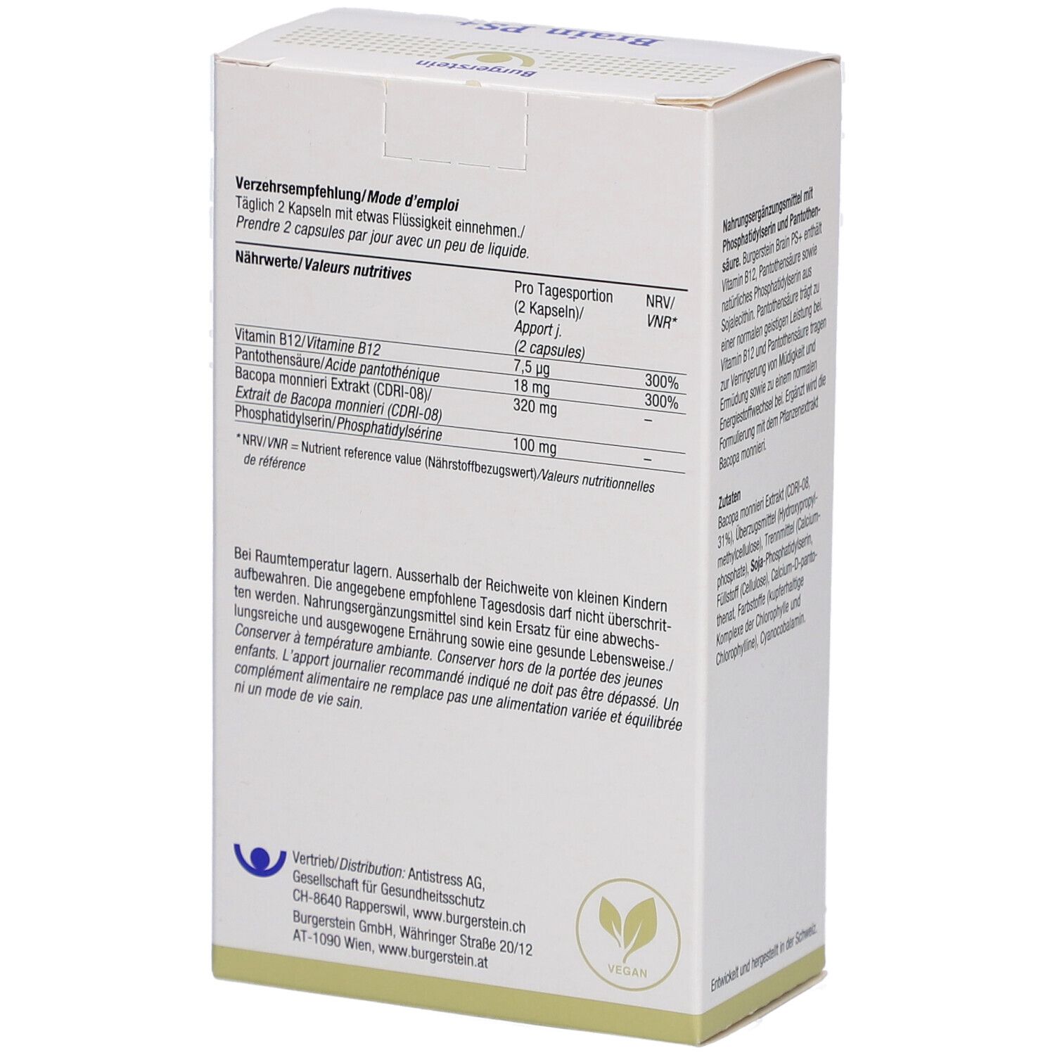 Weiße Schachtel, Rückseite mit Text über Anwendung und Nährwertangaben. Enthält Informationen zu Vitaminen.
