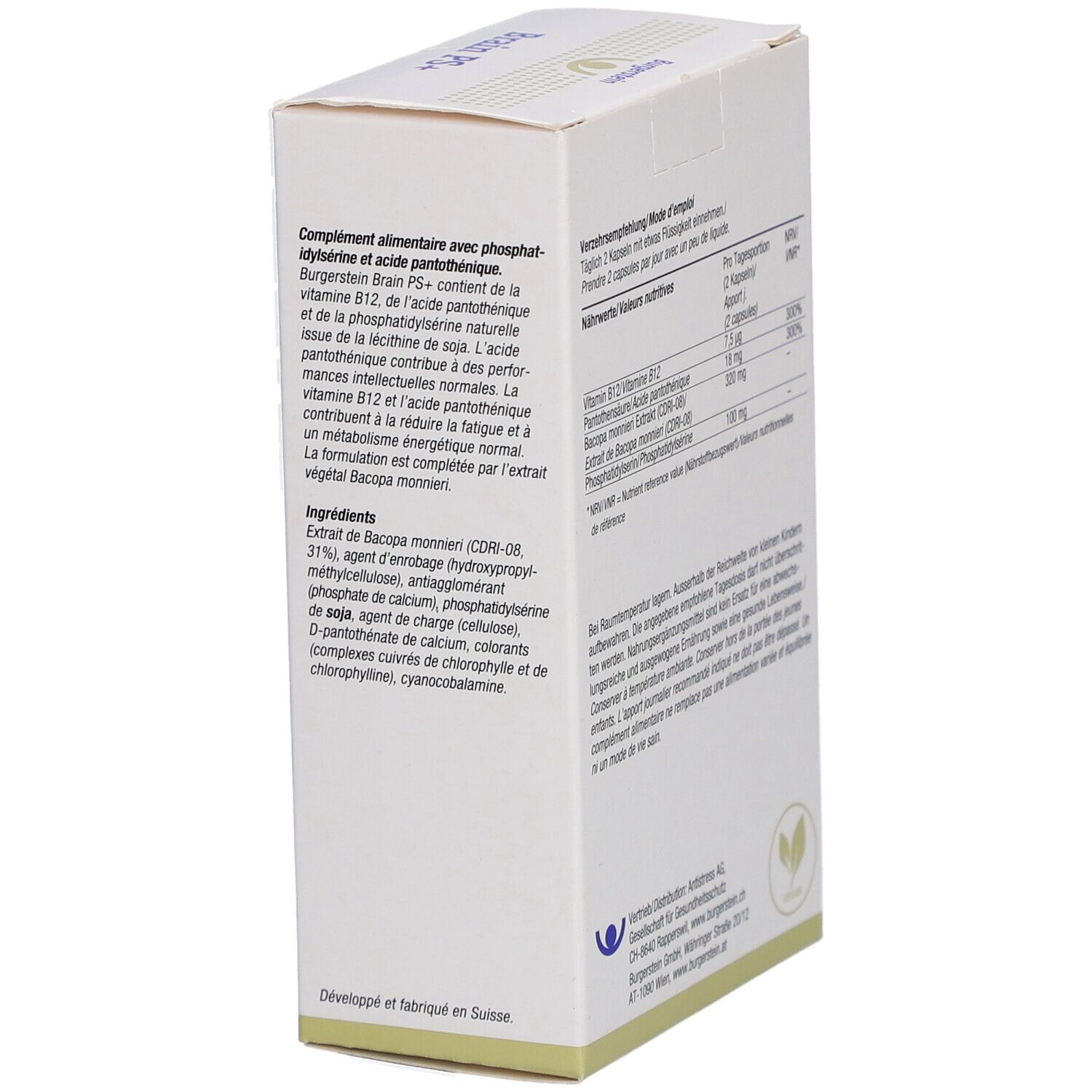 Weiße Schachtel, Seitenansicht mit Text über Inhaltsstoffe und Nährwertangaben. Enthält Informationen zu Vitaminen.