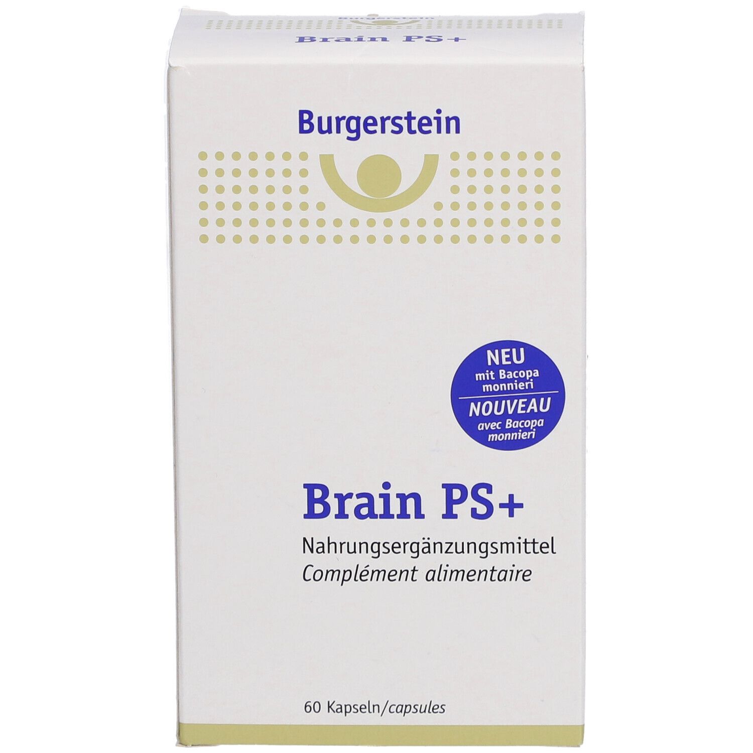 Weiße Schachtel mit "Burgerstein"-Logo und "Brain PS+" Schriftzug. Enthält 60 Kapseln. Mit "Neu"-Siegel.