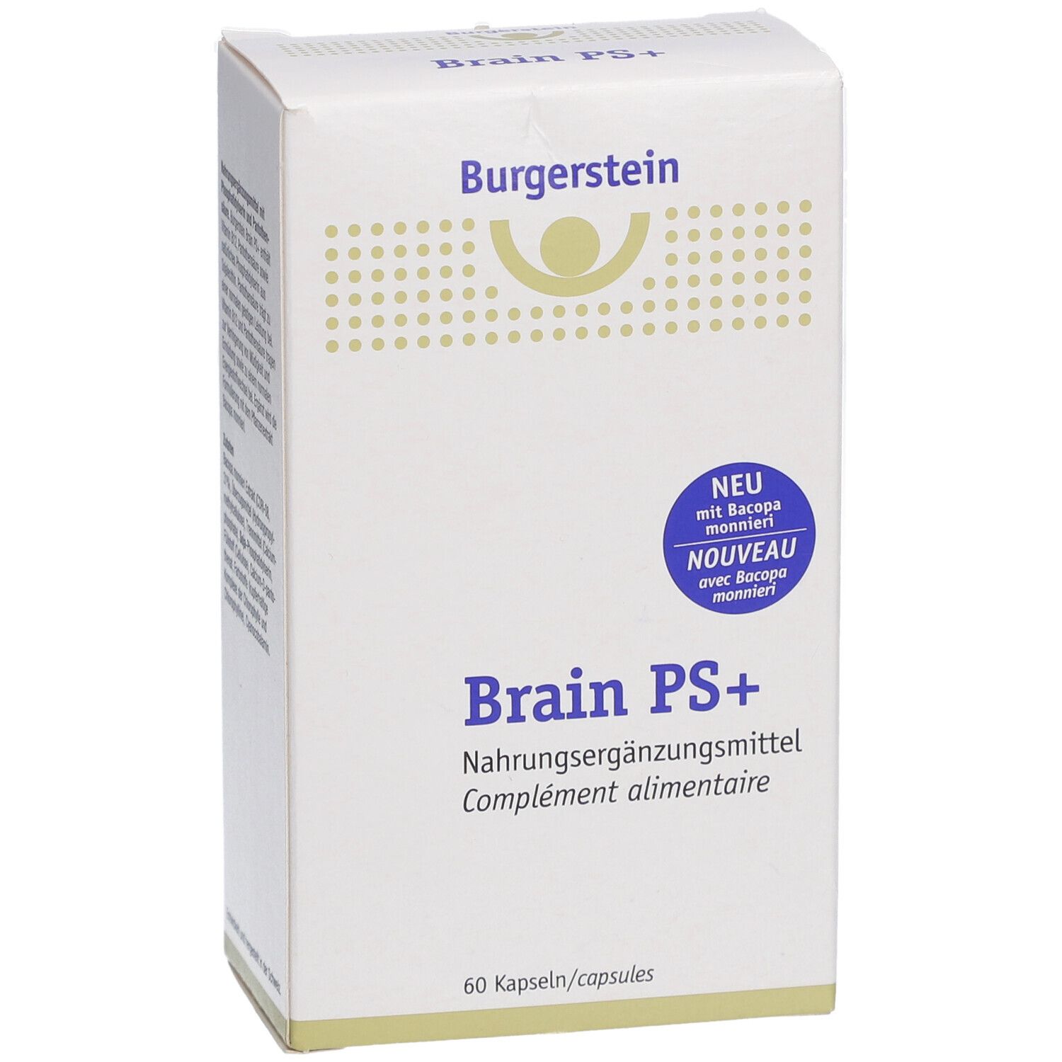 Weiße Schachtel mit "Burgerstein"-Logo und "Brain PS+" Schriftzug. Enthält 60 Kapseln. Mit "Neu"-Siegel.