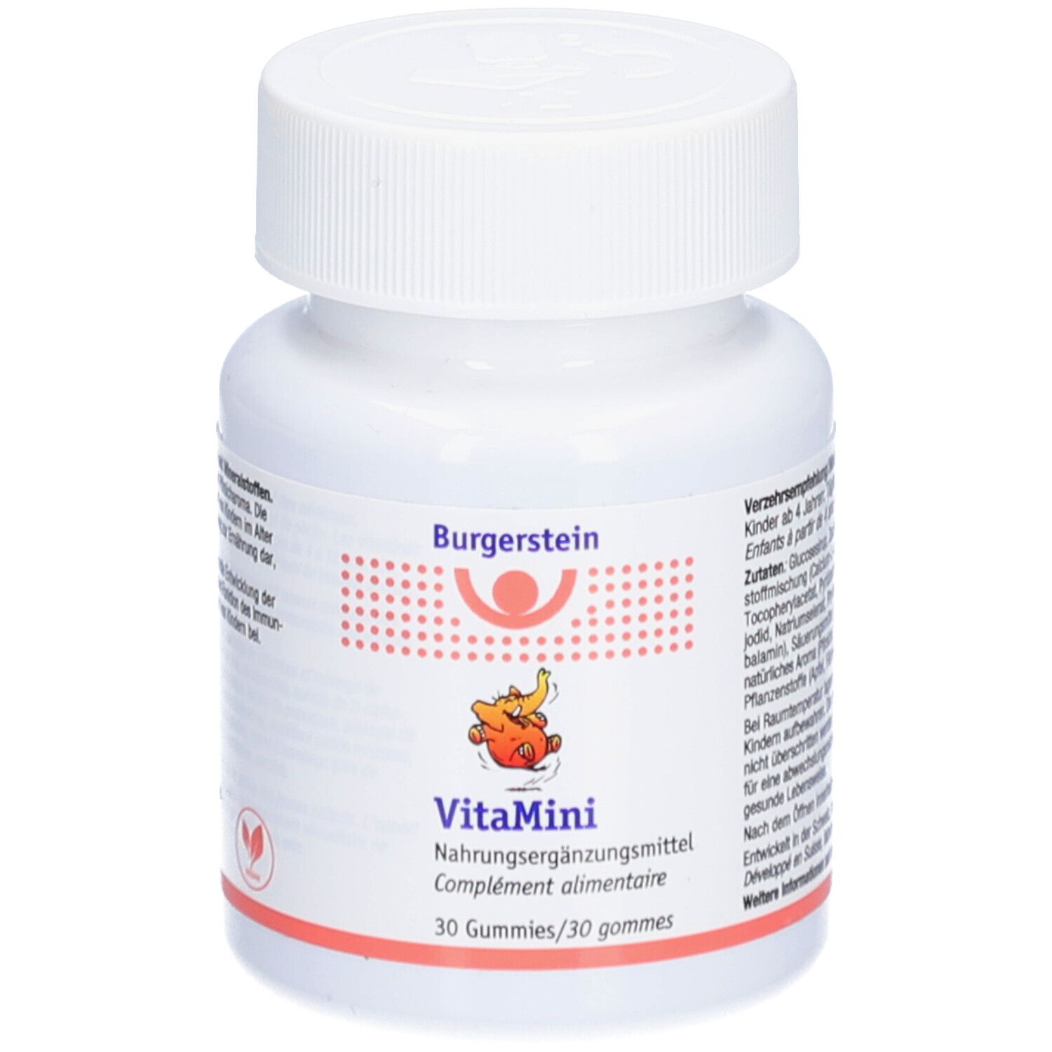Weiße Flasche mit Burgerstein VitaMini Gummies. Aufschrift: Nahrungsergänzungsmittel, 30 Gummies. Logo mit Kind und Banane.