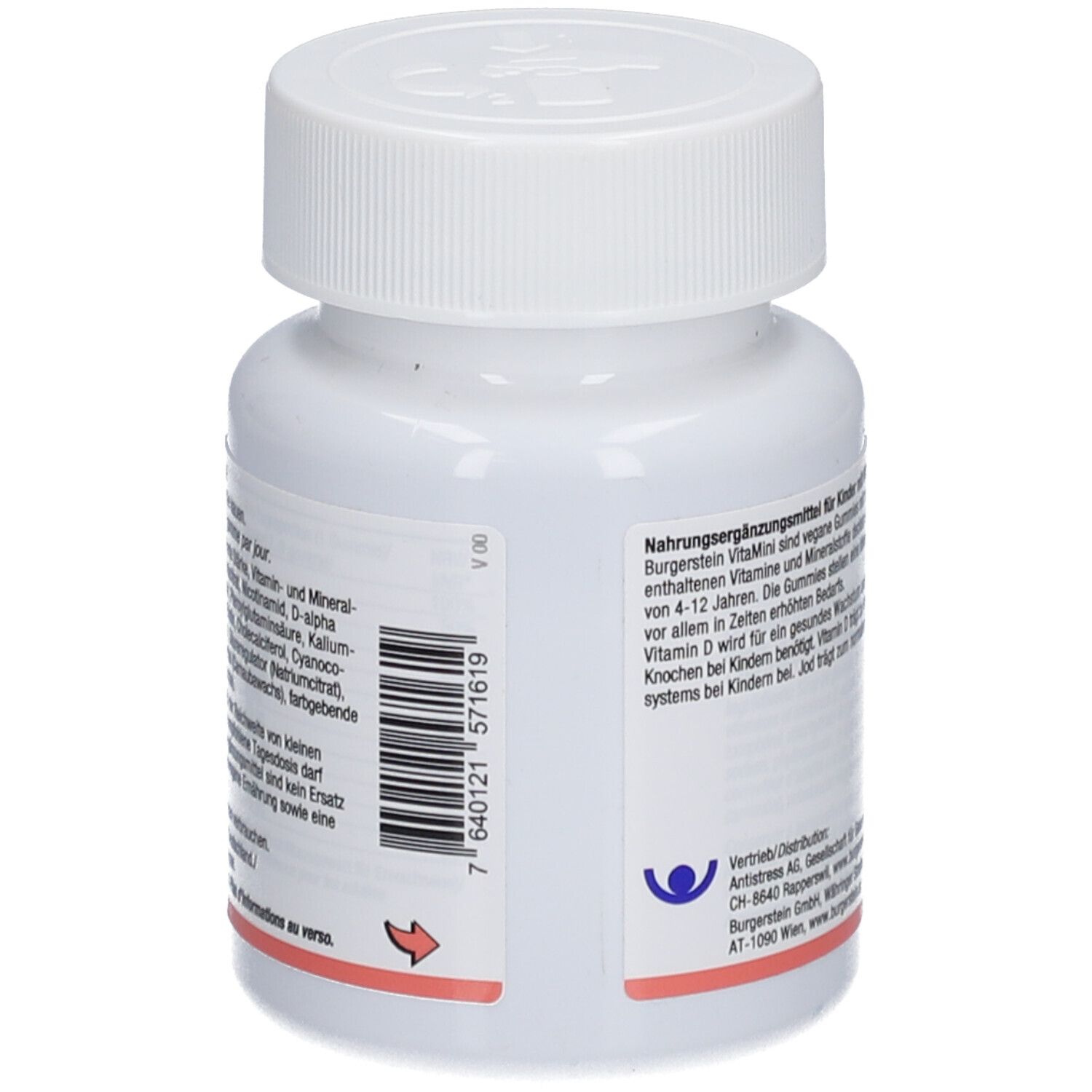 Rückseite der weißen Flasche mit Burgerstein VitaMini. Text und Barcode. Logo und Adresse.