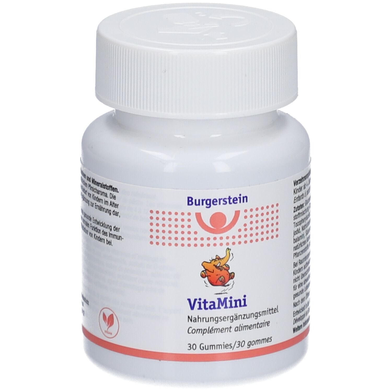 Weiße Flasche mit Burgerstein VitaMini Gummies. Aufschrift: Nahrungsergänzungsmittel, 30 Gummies. Logo mit Kind und Banane.