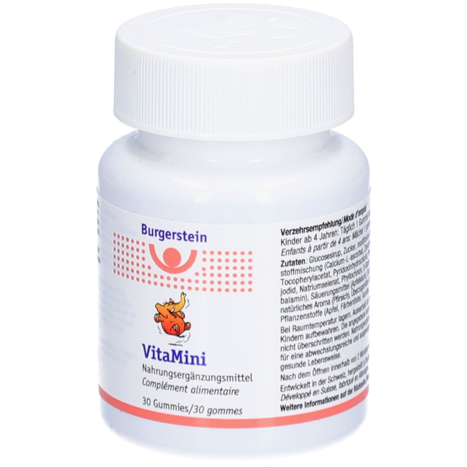 Weiße Flasche mit Burgerstein VitaMini Gummies. Aufschrift: Nahrungsergänzungsmittel, 30 Gummies. Logo mit Kind und Banane.