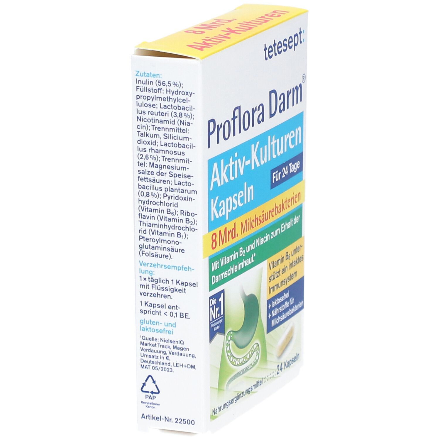 Verpackung von tetesept® Proflora Darm Aktiv-Kulturen Kapseln. Seitenansicht mit Inhaltsstoffen und Dosierung.