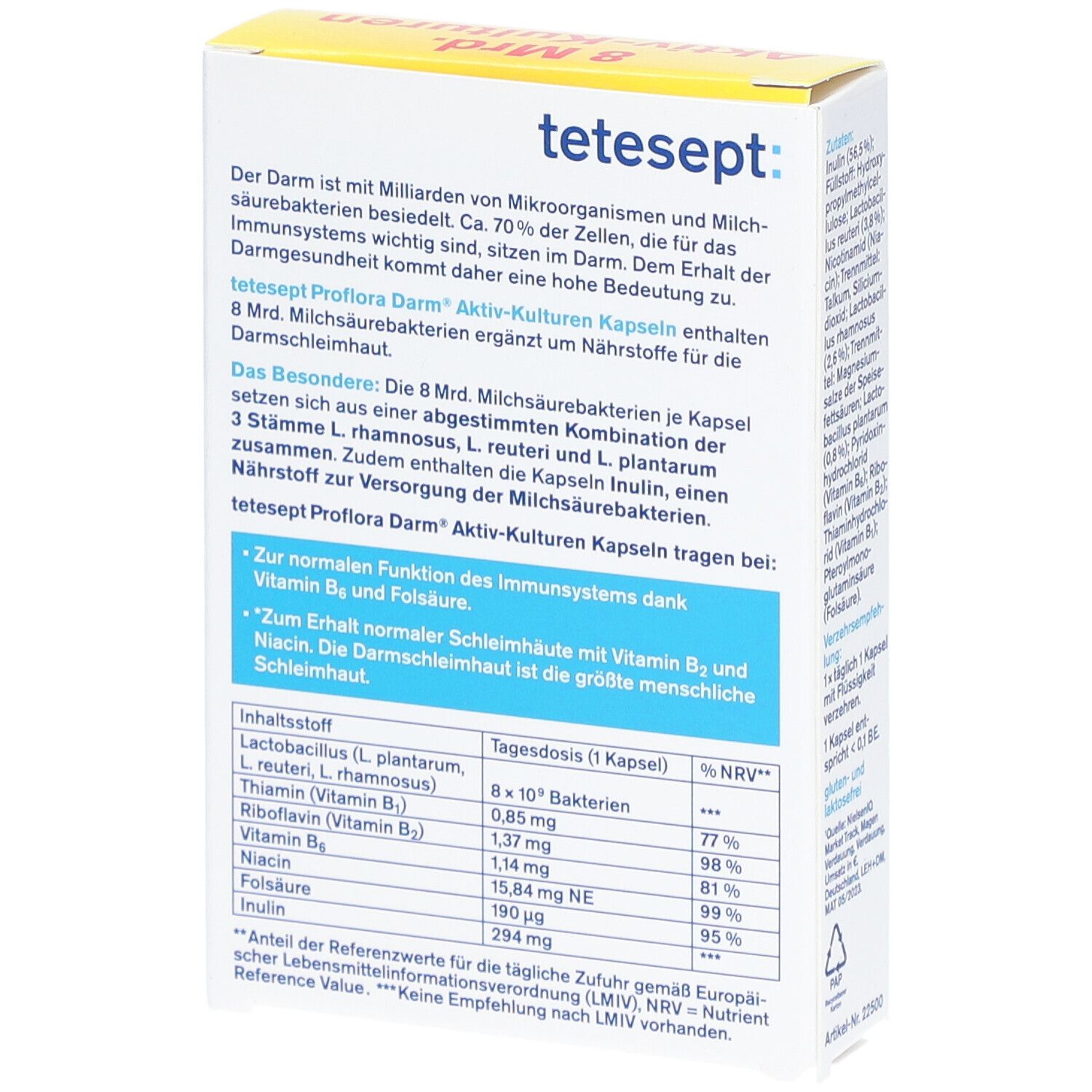 Rückseite der Verpackung von tetesept® Proflora Darm Aktiv-Kulturen Kapseln. Text über Inhaltsstoffe und Anwendung.