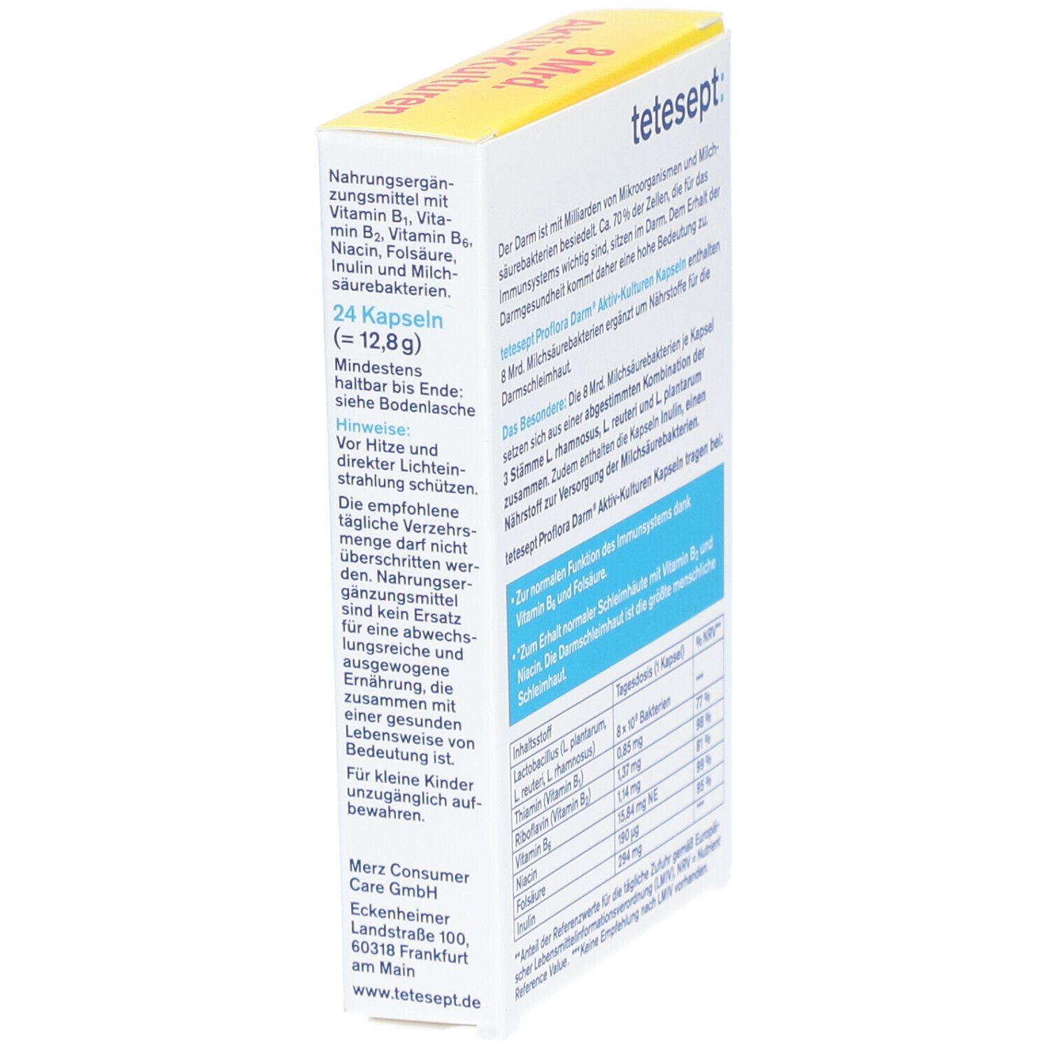 Seitenansicht der Verpackung von tetesept® Proflora Darm Aktiv-Kulturen Kapseln. Text über Inhaltsstoffe und Anwendung.