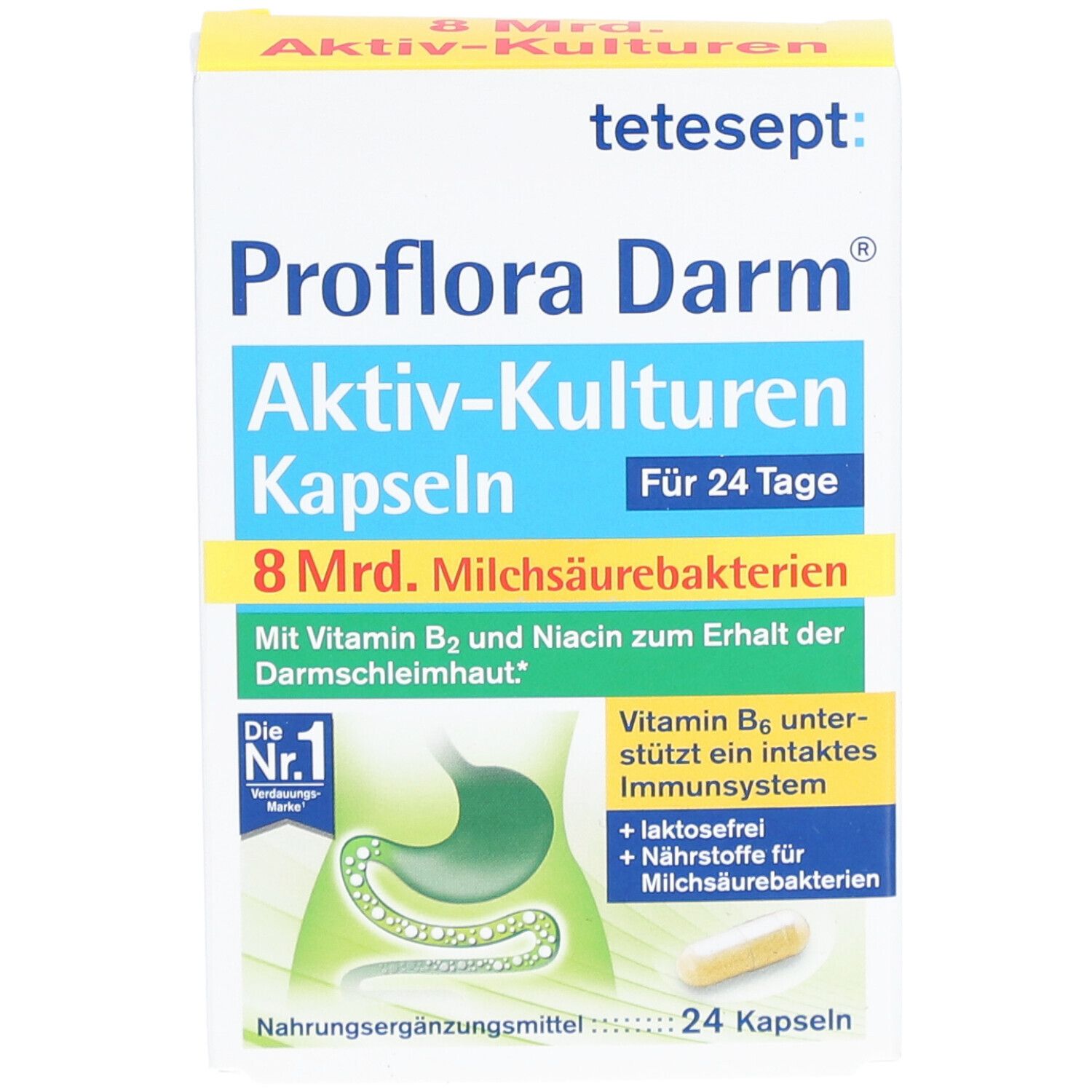 Verpackung von tetesept® Proflora Darm Aktiv-Kulturen Kapseln. Geöffnete Verpackung mit Kapsel.