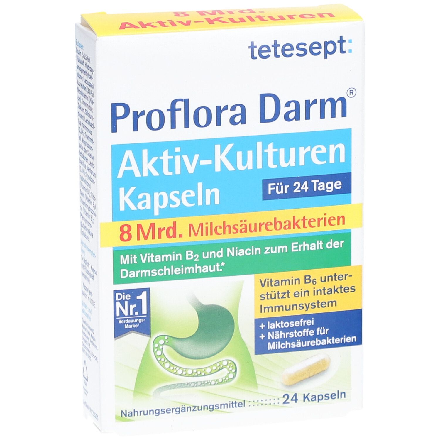 Verpackung von tetesept® Proflora Darm Aktiv-Kulturen Kapseln. Geöffnete Verpackung mit Kapsel.