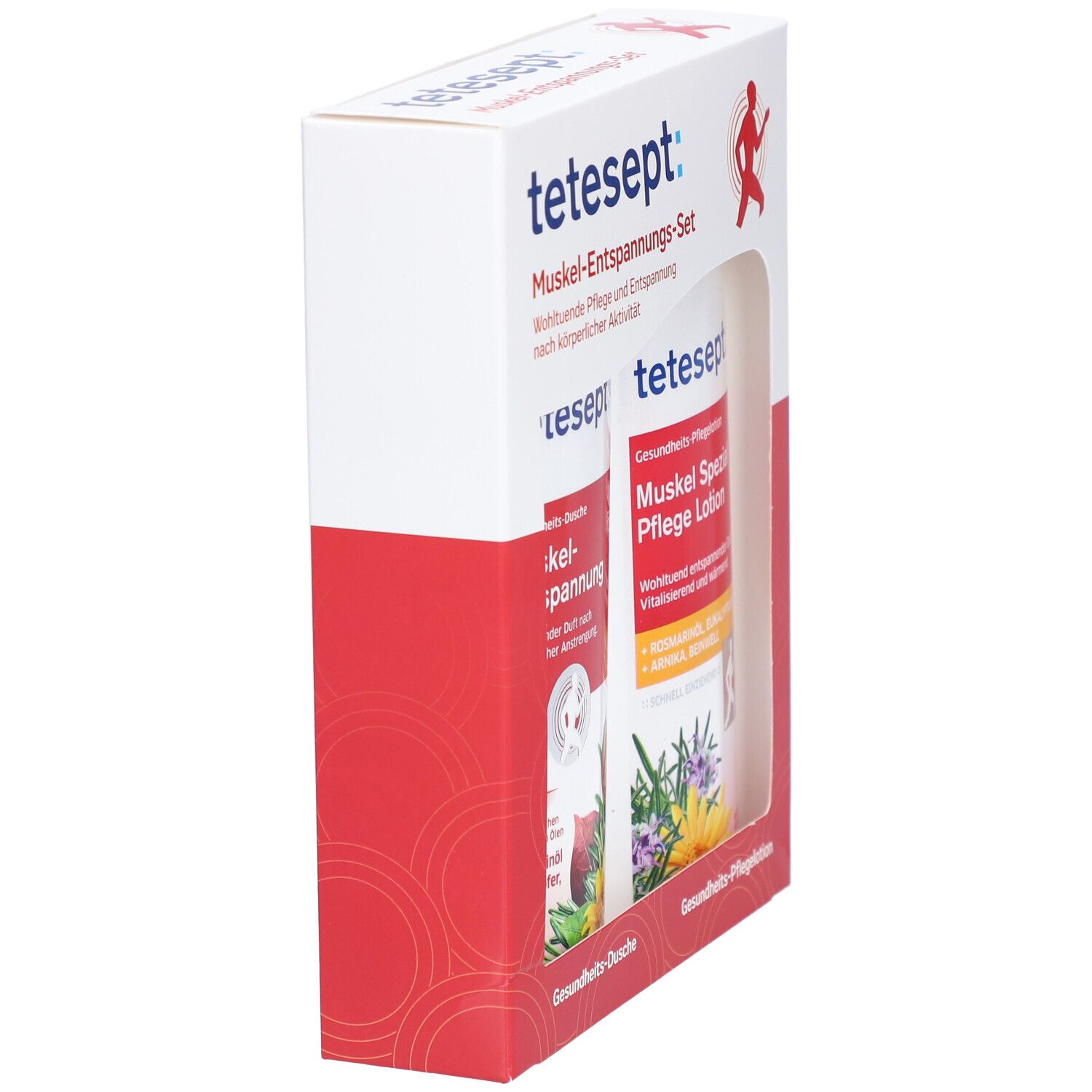 Schrägansicht des Geschenksets. Aufschrift: tetesept Muskel-Entspannungs-Set. Rote und weiße Verpackung mit Produktabbildungen.
