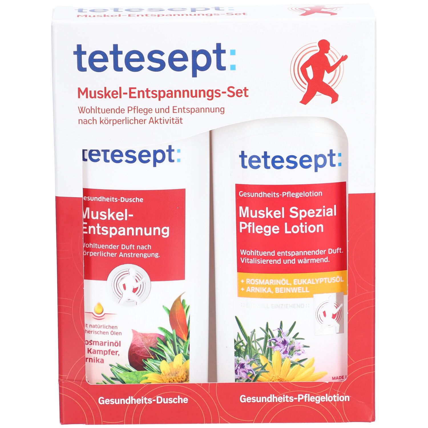 Geschenkset mit zwei Flaschen. Aufschrift: tetesept Muskel-Entspannungs-Set. Rote und weiße Verpackung mit Produktabbildungen.