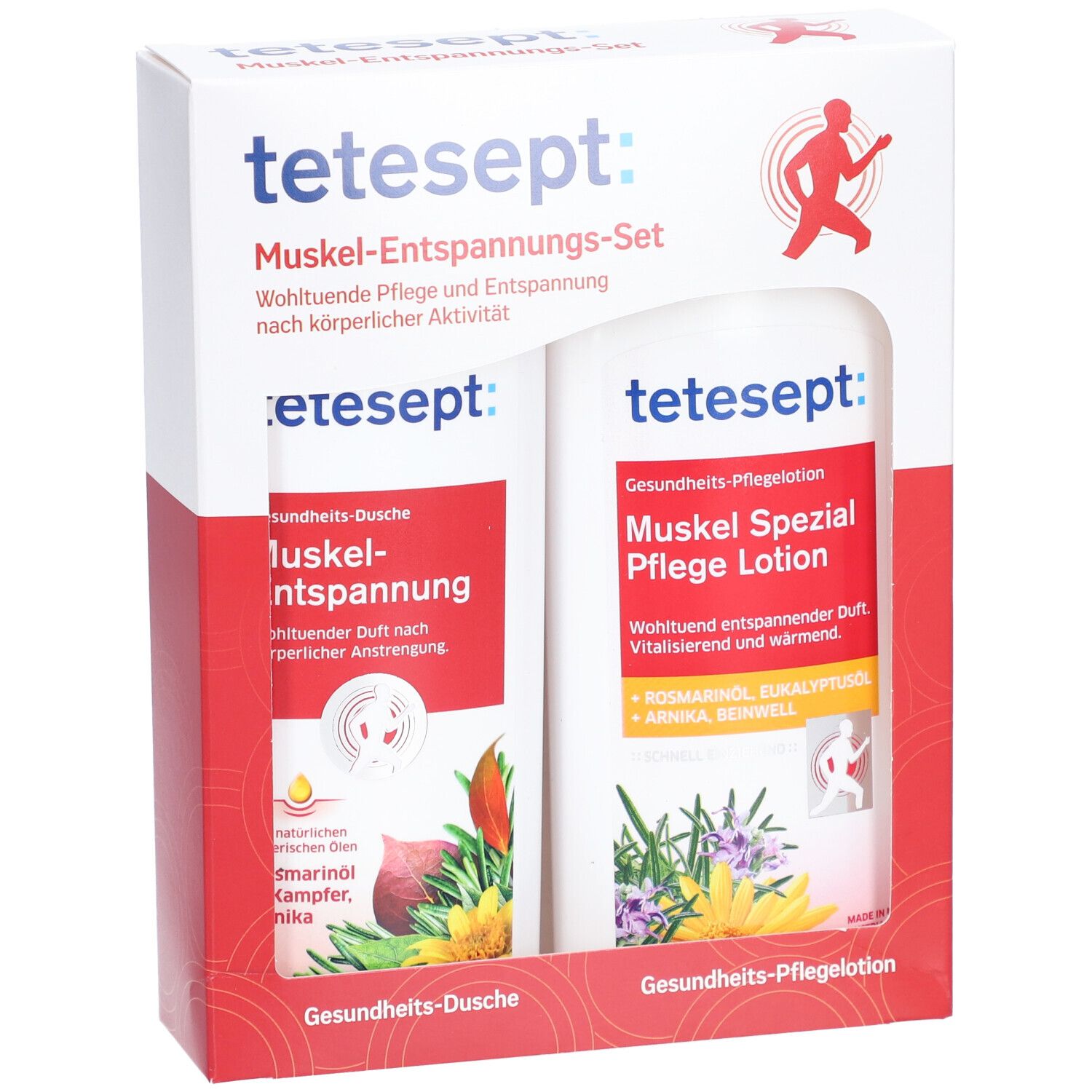 Geschenkset mit zwei Flaschen. Aufschrift: tetesept Muskel-Entspannungs-Set. Rote und weiße Verpackung mit Produktabbildungen.