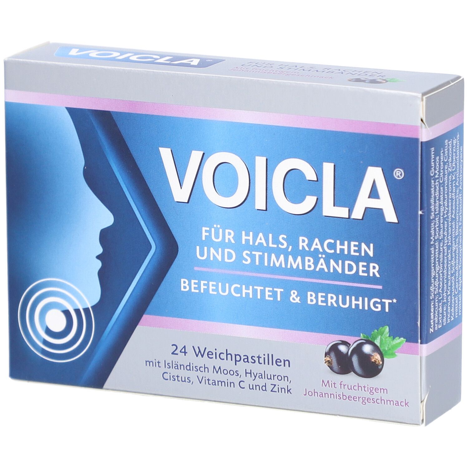 Schachtel mit Voicla Weichpastillen. Blaue und weiße Verpackung mit Produktnamen und Illustration. 24 Pastillen, Johannisbeergeschmack.