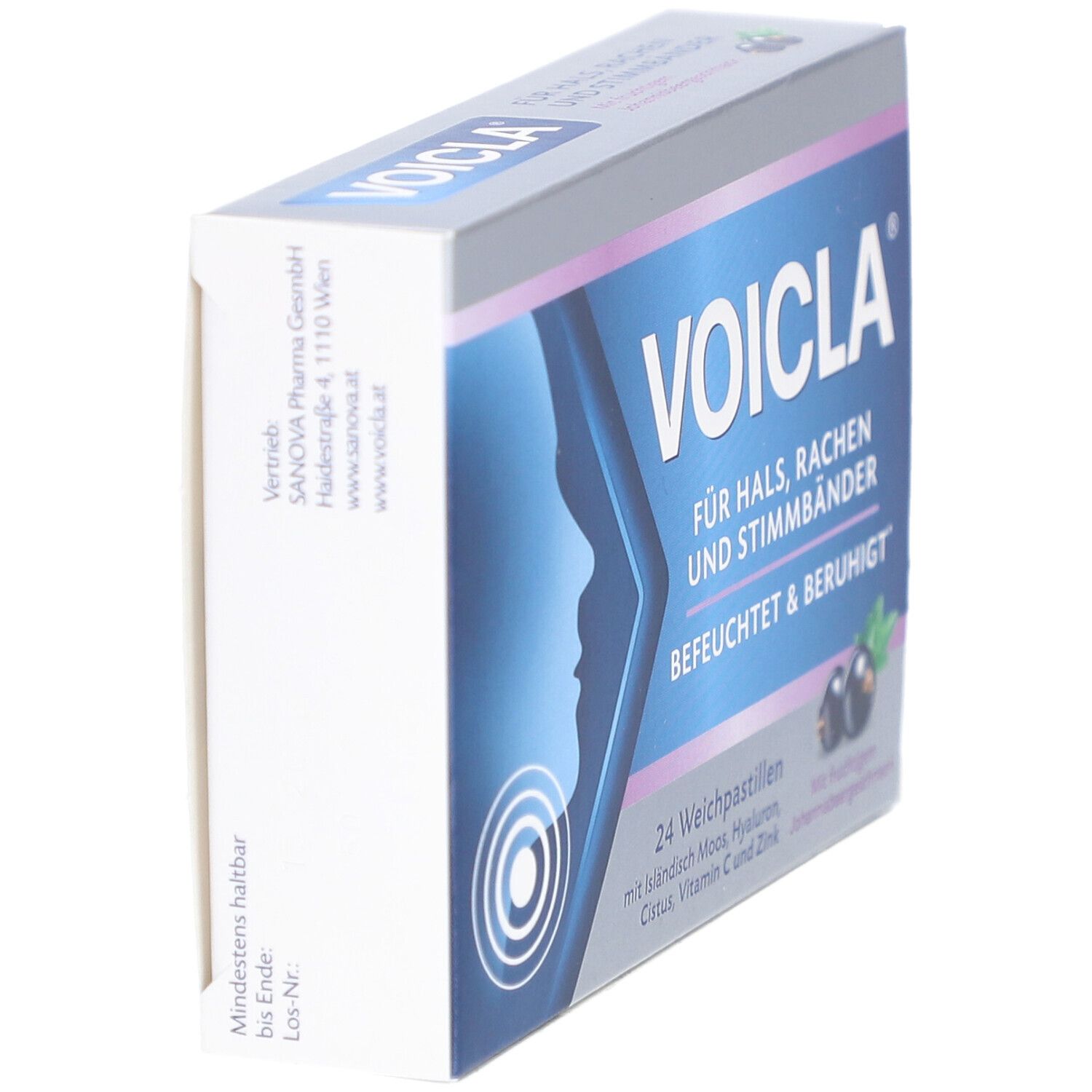 Schachtel Voicla Weichpastillen, schräg von der Seite. Blaue und weiße Verpackung mit Produktnamen und Illustration. 24 Pastillen.