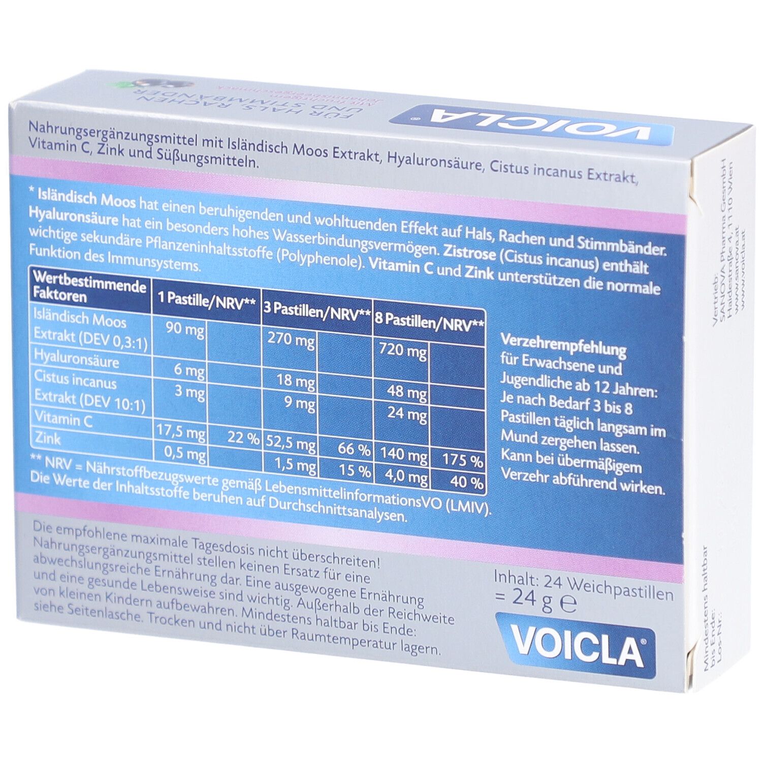 Rückseite der Voicla Weichpastillen-Schachtel. Enthält Informationen zu Inhaltsstoffen und Nährwerten. Text in deutscher Sprache.