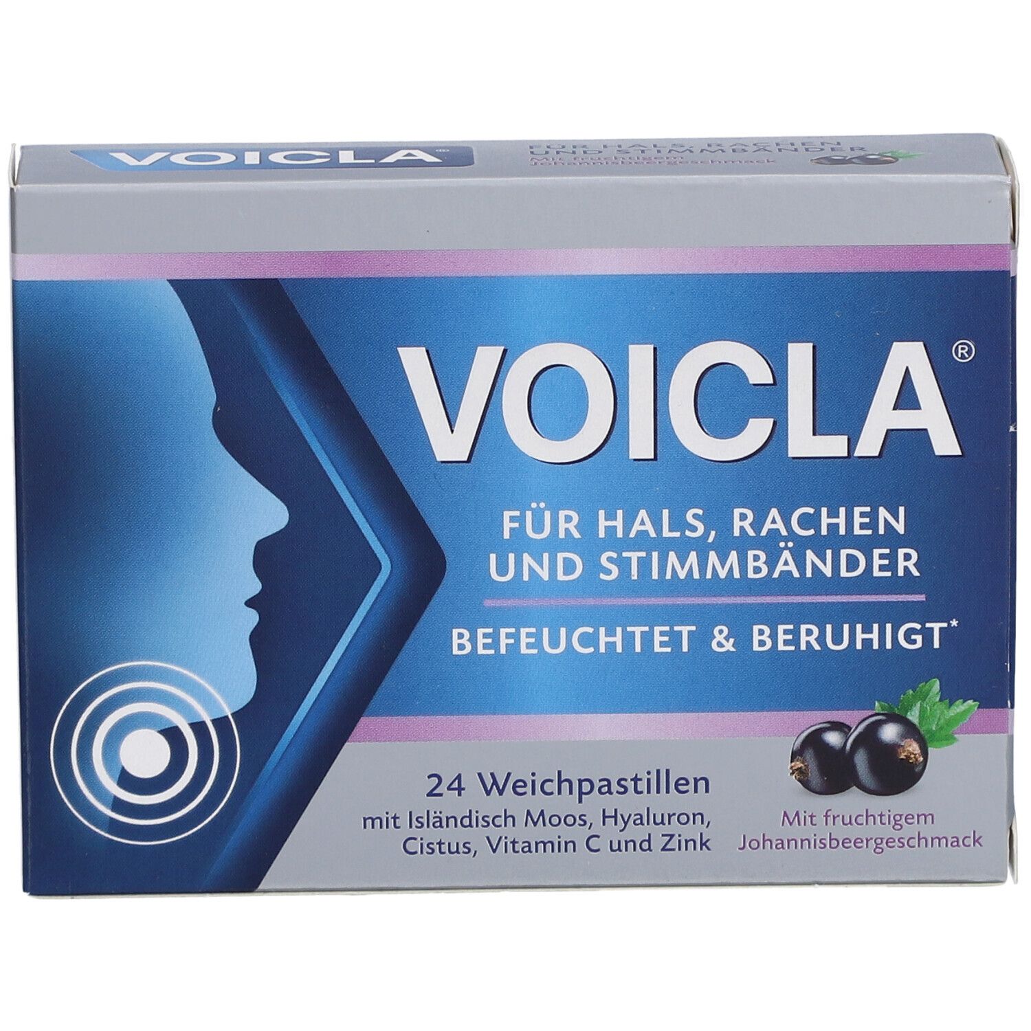 Voicla Weichpastillen-Schachtel. Blaue und weiße Verpackung mit Produktnamen und Illustration. 24 Pastillen, Johannisbeergeschmack.