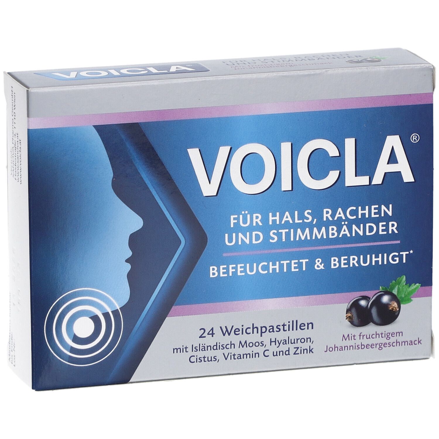 Voicla Weichpastillen-Schachtel. Blaue und weiße Verpackung mit Produktnamen und Illustration. 24 Pastillen, Johannisbeergeschmack.
