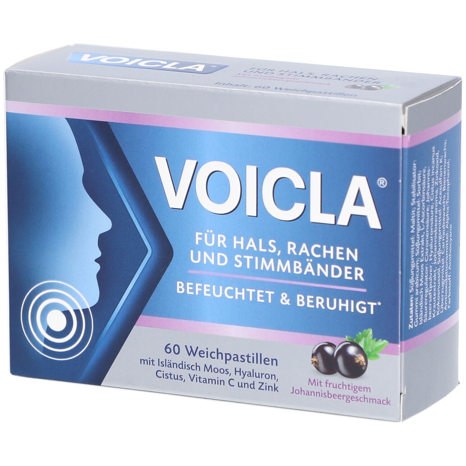 Schachtel mit Voicla Weichpastillen. Blaue und weiße Verpackung mit Produktnamen, Illustration und Johannisbeeren. 60 Pastillen.