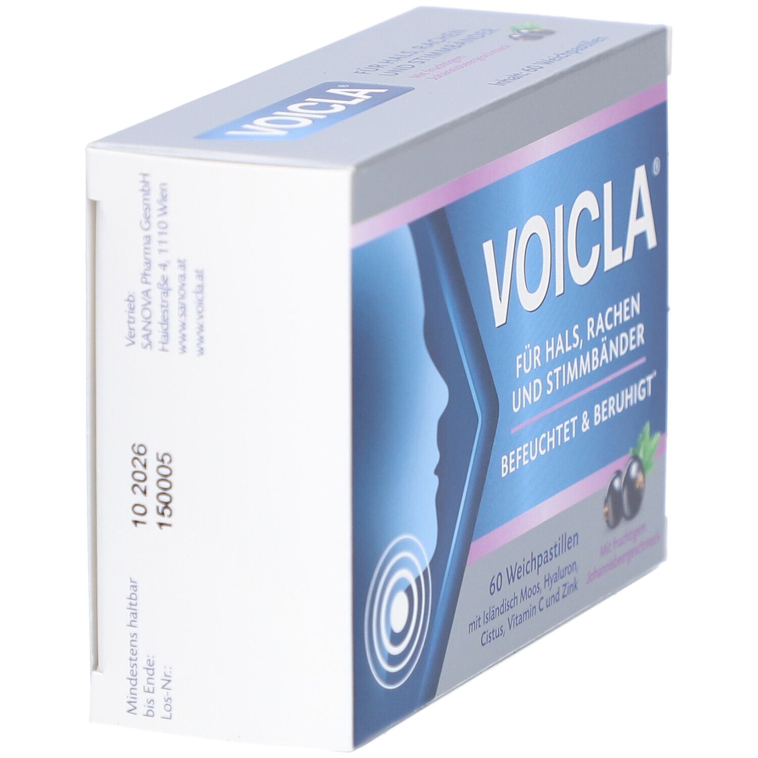Voicla Weichpastillen-Schachtel, schräg. Blaue und weiße Verpackung mit Produktnamen und Illustration. Mindesthaltbarkeitsdatum: 10 2026.