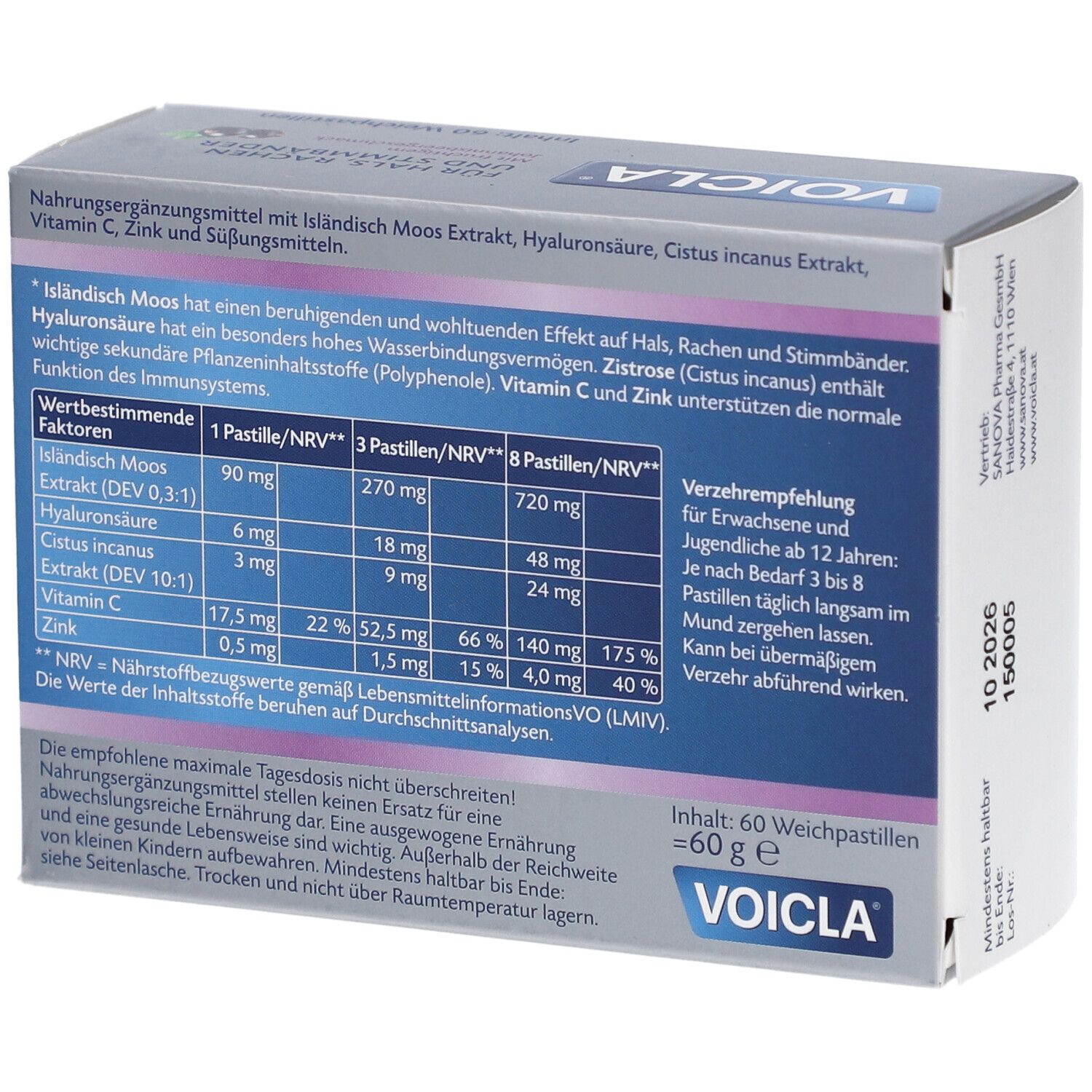 Rückseite der Voicla Weichpastillen-Schachtel. Enthält Nährwertangaben, Inhaltsstoffe und Verzehrempfehlung. 60 Weichpastillen, 60g.