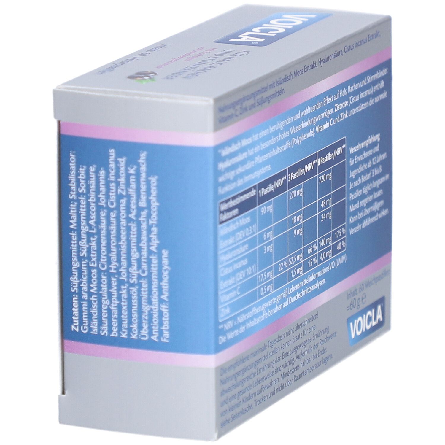 Voicla Weichpastillen-Schachtel, schräg. Enthält Inhaltsstoffe und Nährwertangaben. 60 Weichpastillen, 60g.