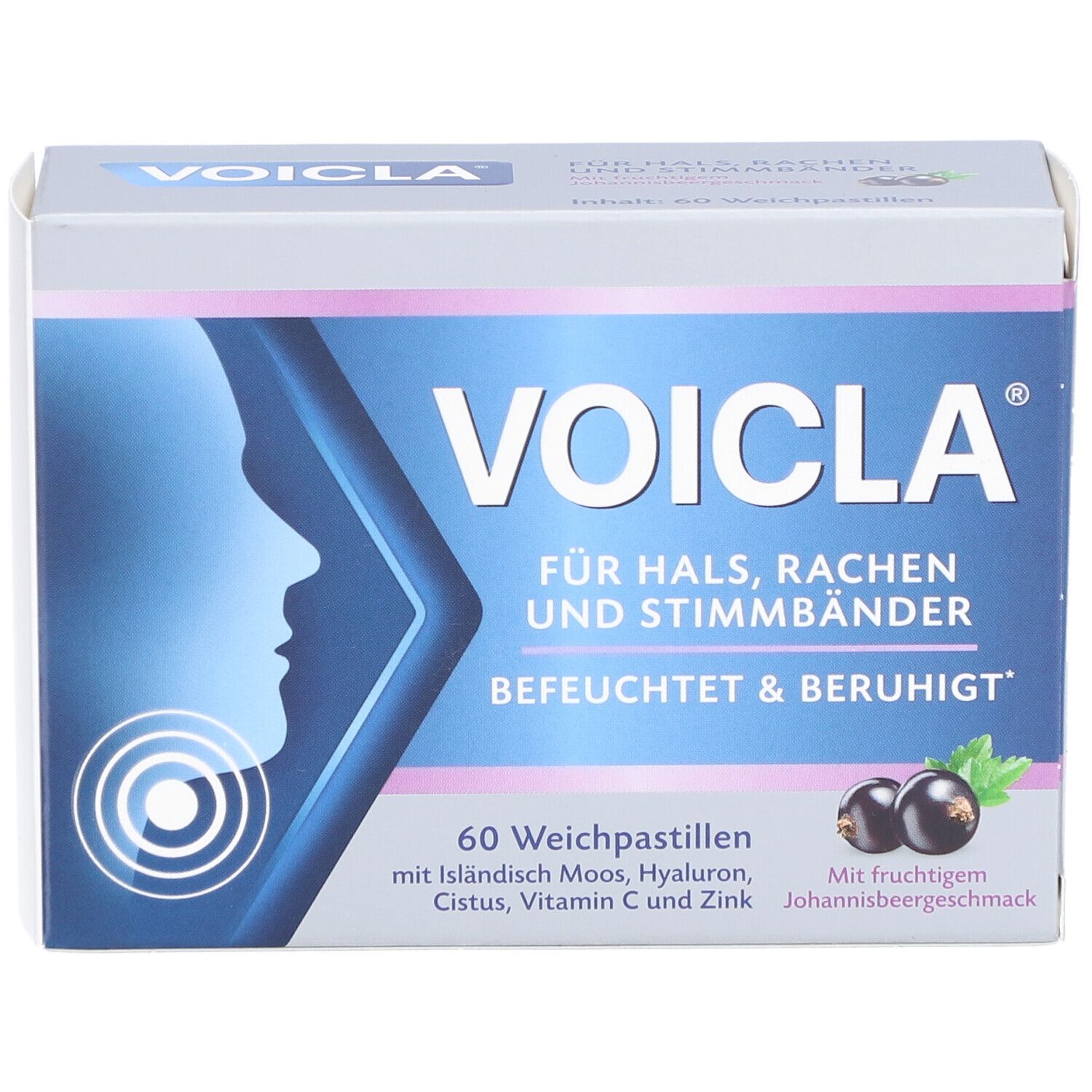 Voicla Weichpastillen-Schachtel. Blaue und weiße Verpackung mit Produktnamen, Illustration und Johannisbeeren. 60 Pastillen.