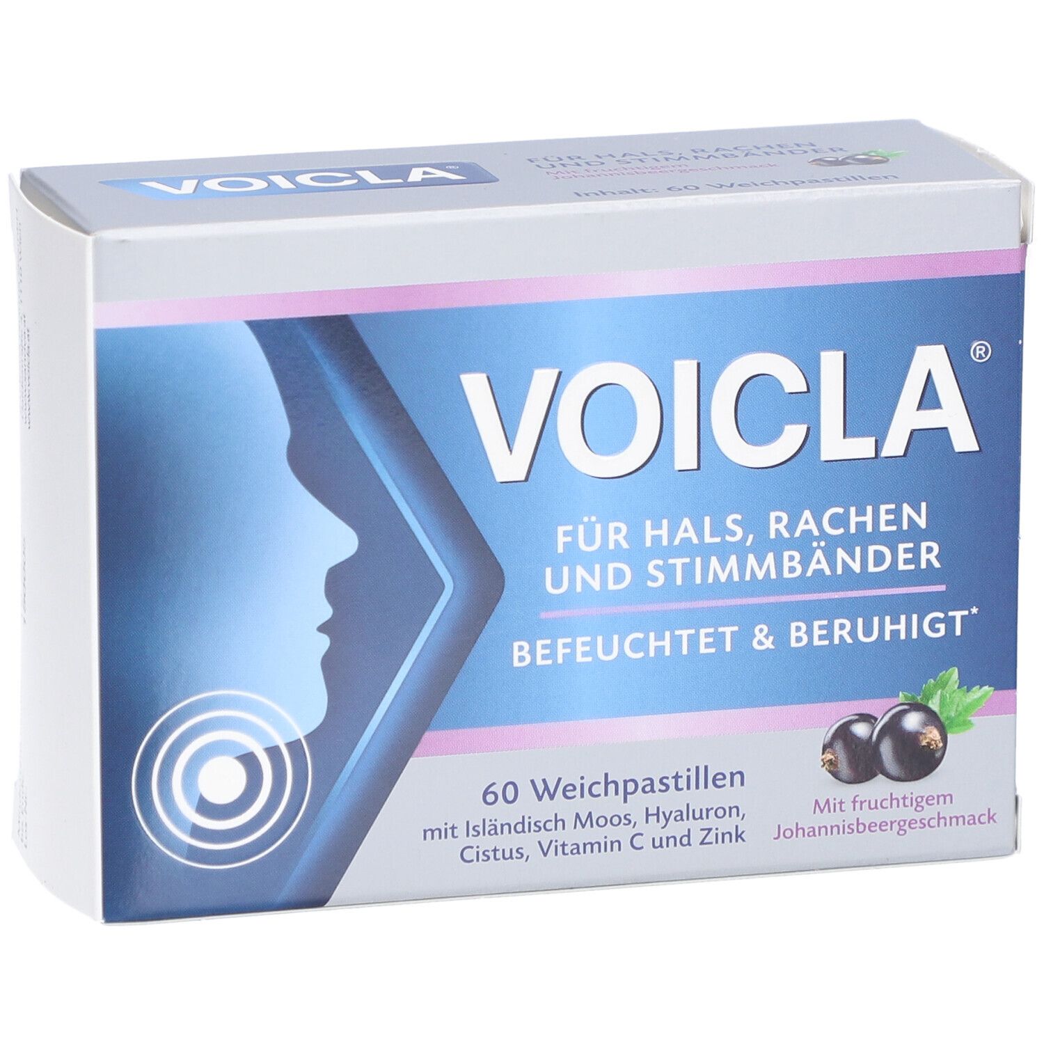 Voicla Weichpastillen-Schachtel. Blaue und weiße Verpackung mit Produktnamen, Illustration und Johannisbeeren. 60 Pastillen.