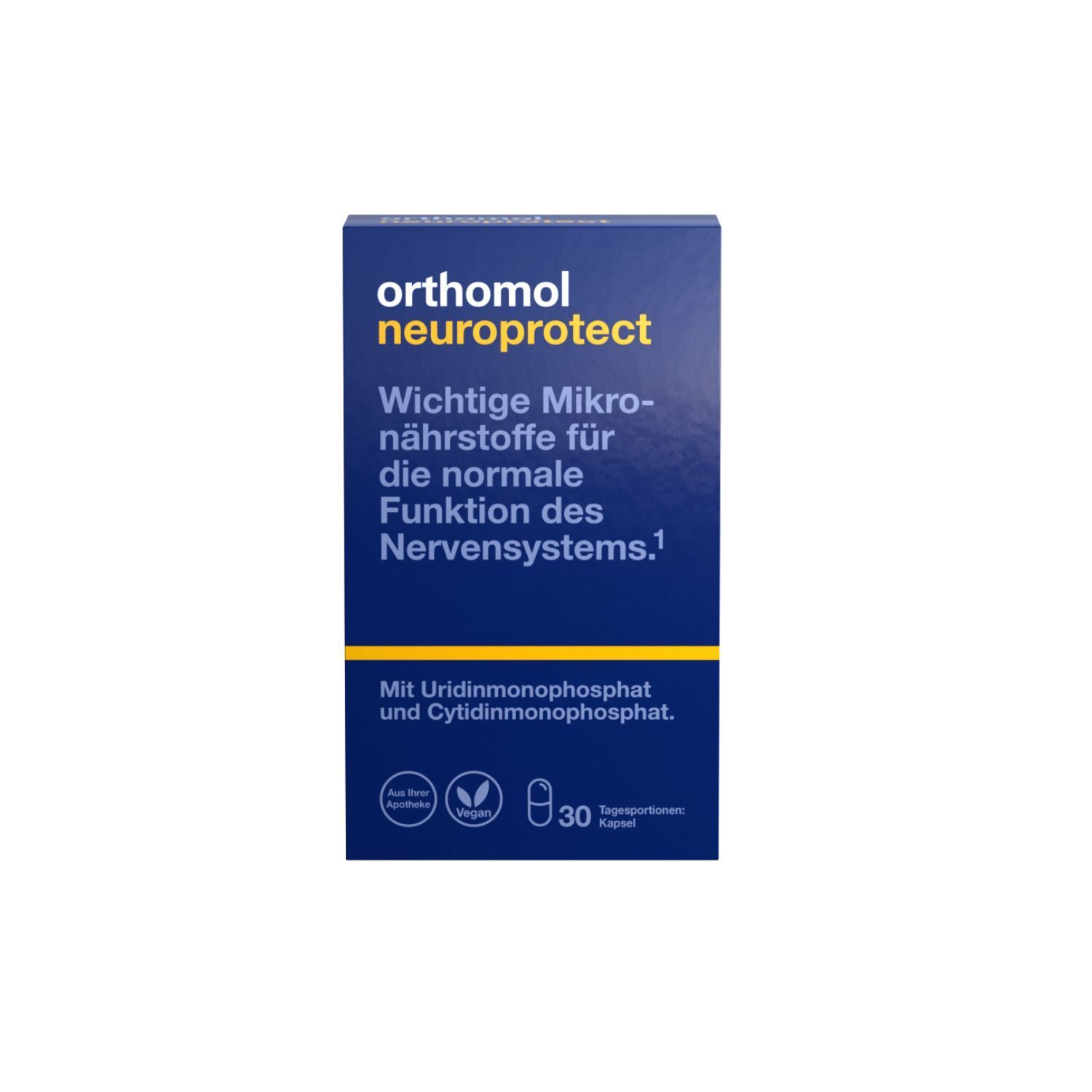 Orthomol Neuroprotect Packung. Enthält 30 Kapseln. Blaue Verpackung mit Produktinformationen und Logos.
